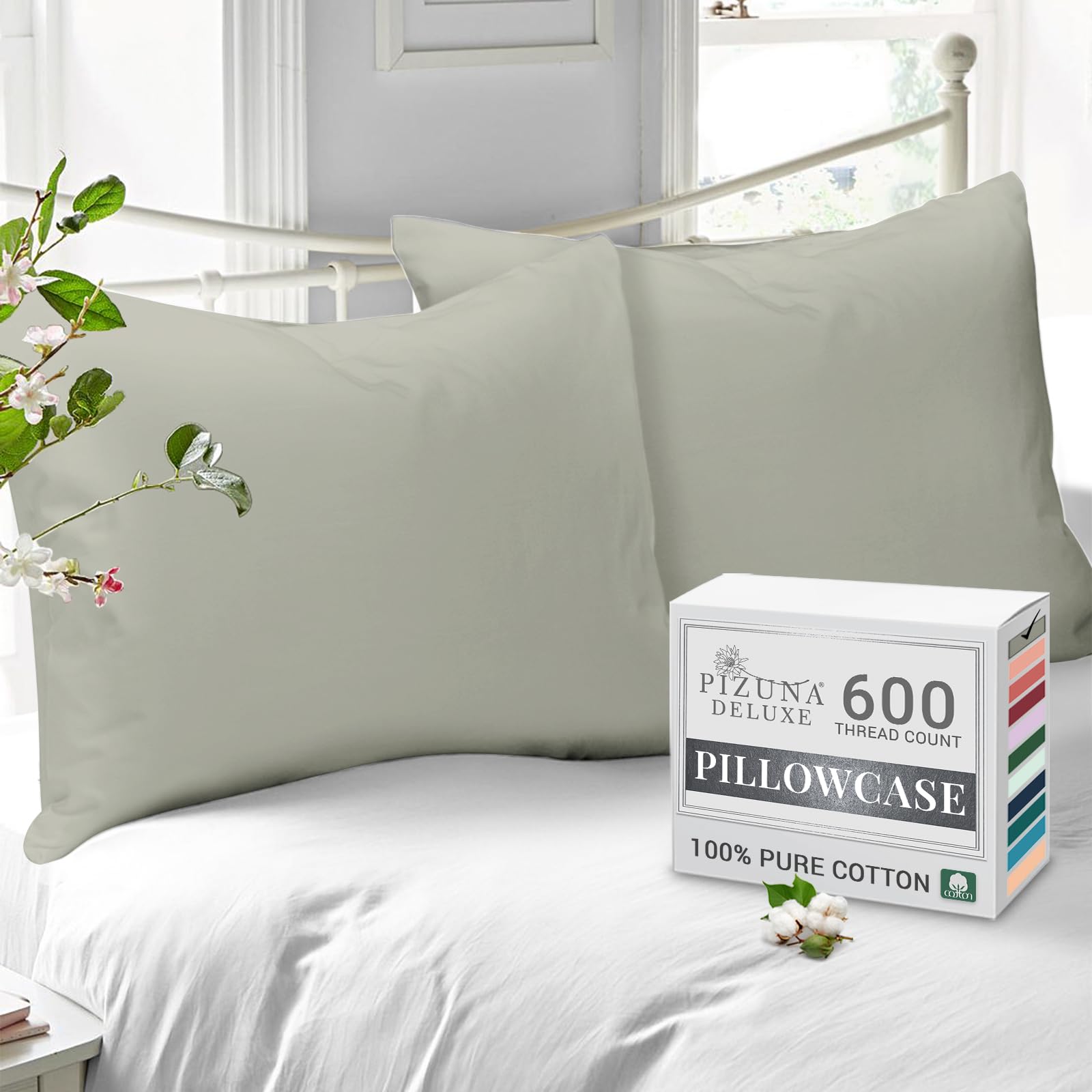 Pizuna Silver Pure Combed Cotton Housewife Pillowcases 2 Pack 48X74cm, 600 Thread Count 100% Long Staple Combed Cotton Pillow Cover, Soft Sateen Housewife Pillow Cases (100% Cotton Pillowcase)