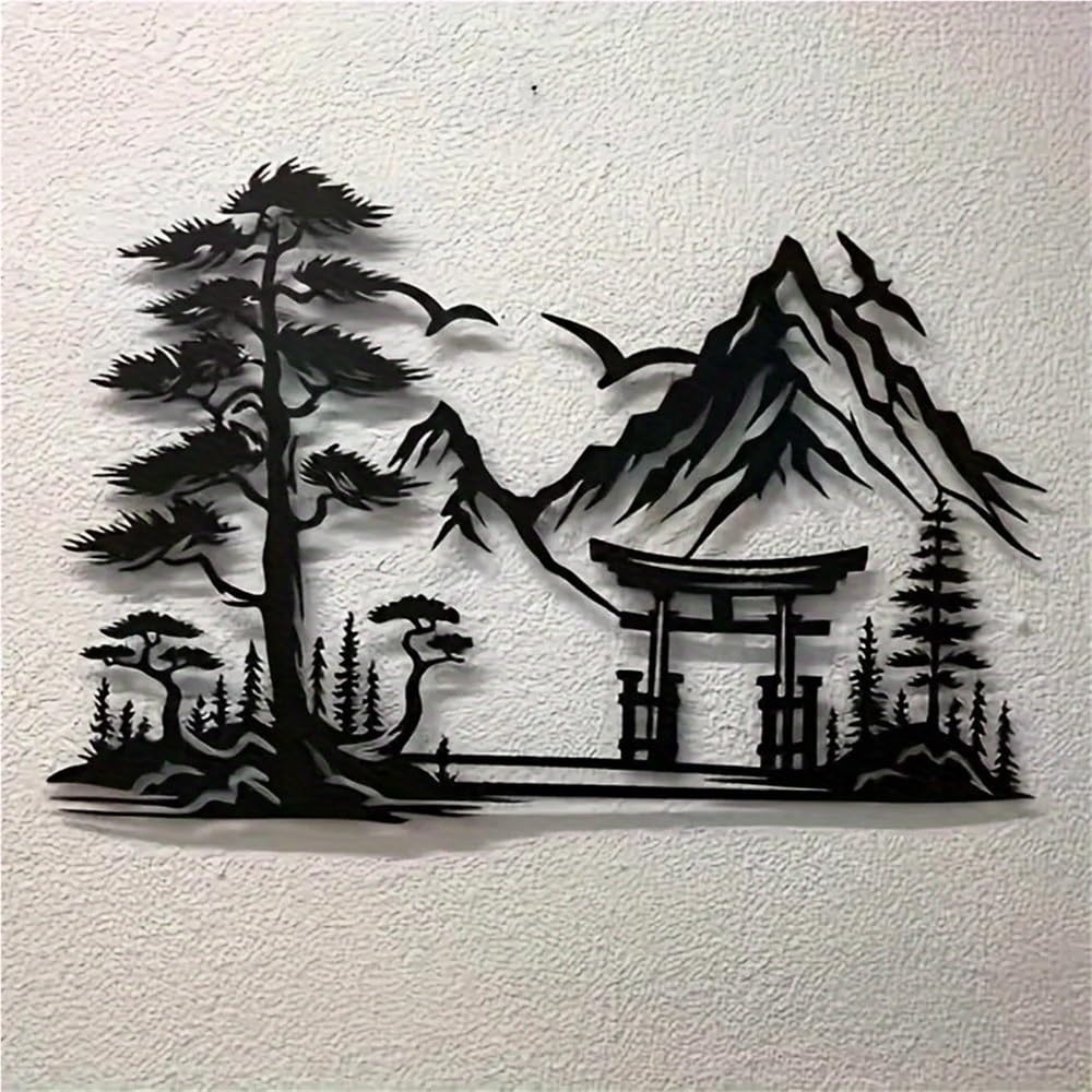 Japanisches Torii Tor aus Metall Wandskulptur mit gestreiftem Blumenmuster Zen Stil für Zuhause und Büro Asiatisch inspirierte Raumdekoration mit Naturmotiven (40 cm/15,74 Zoll)