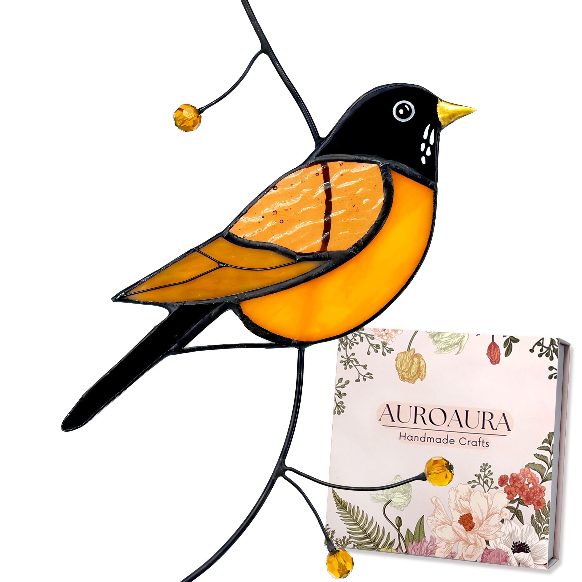 American Robin Stained Glass Window Hanging - Handmade Real Glass Robin Bird Suncatcher for Women Mom Grandma -