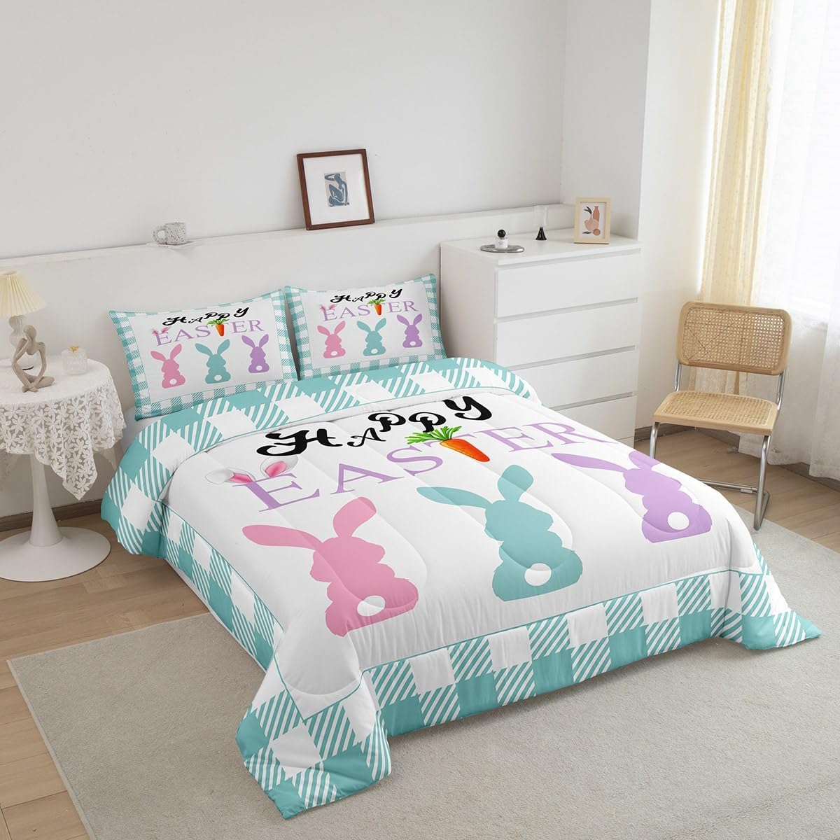 Manfei Happy Easter Comforter Set King Size, Cute Cartoon Rabbit Bedding Set 3pcs for Kids Boys Girls Bedroom Decor, Green Plaid Print Down Comforter Soft Polyester Quilt Set with 2 Pillowcases