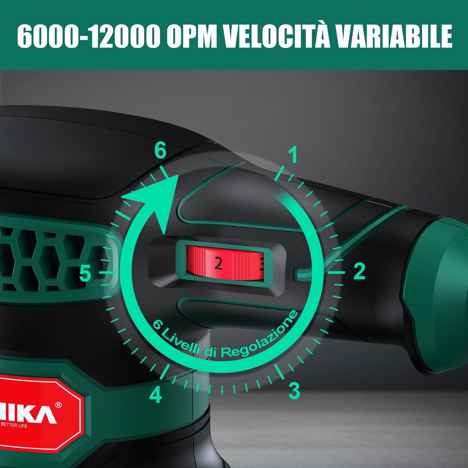 HYCHIKA Levigatrice Orbitale, 300W 12000OPM Levigatrice per Legno, 6 Velocità, con 16 Pezzi Dischi Abrasivi 125, Con Funzione di Frenata Rapida per Levigare e Lucidare il Legno