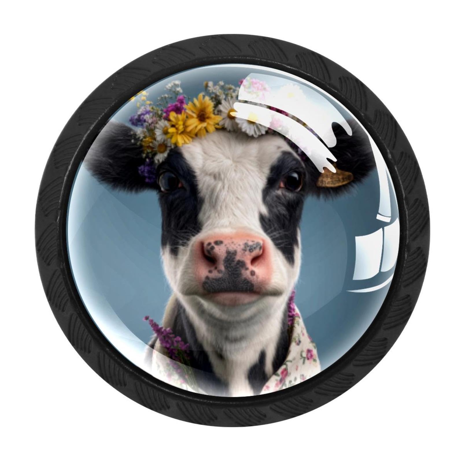 CHENZZZZ 4 Pack Funny Cow Cattle with Flowers (1) Kitchen Cabinet Knobs Drawer Knobs Door Dresser Handles for Personalized Gifts Great for Any Occasion