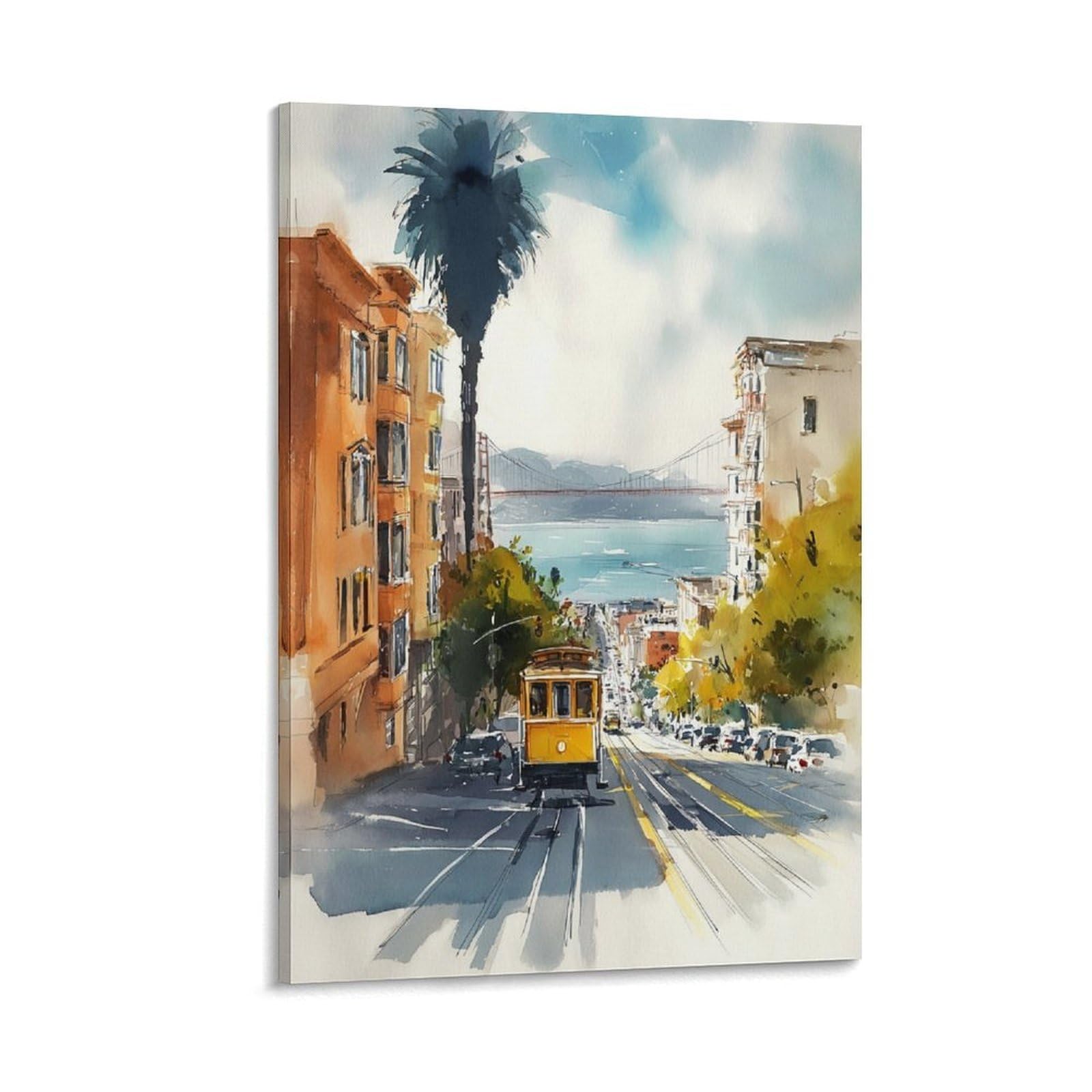 XWYMXZ Golden Gate Bridge Watercolor Painting San Francisco Travel Poster 20x30inch(50x75cm) Vintage Watercolor Canvas Art