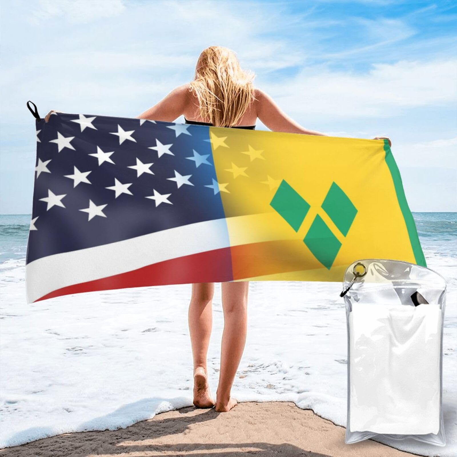 HACXZ Funny America Flag and Grenadines Flag Absorbent Beach Towel Microfiber Beach Shower Towel 27.5"X55"