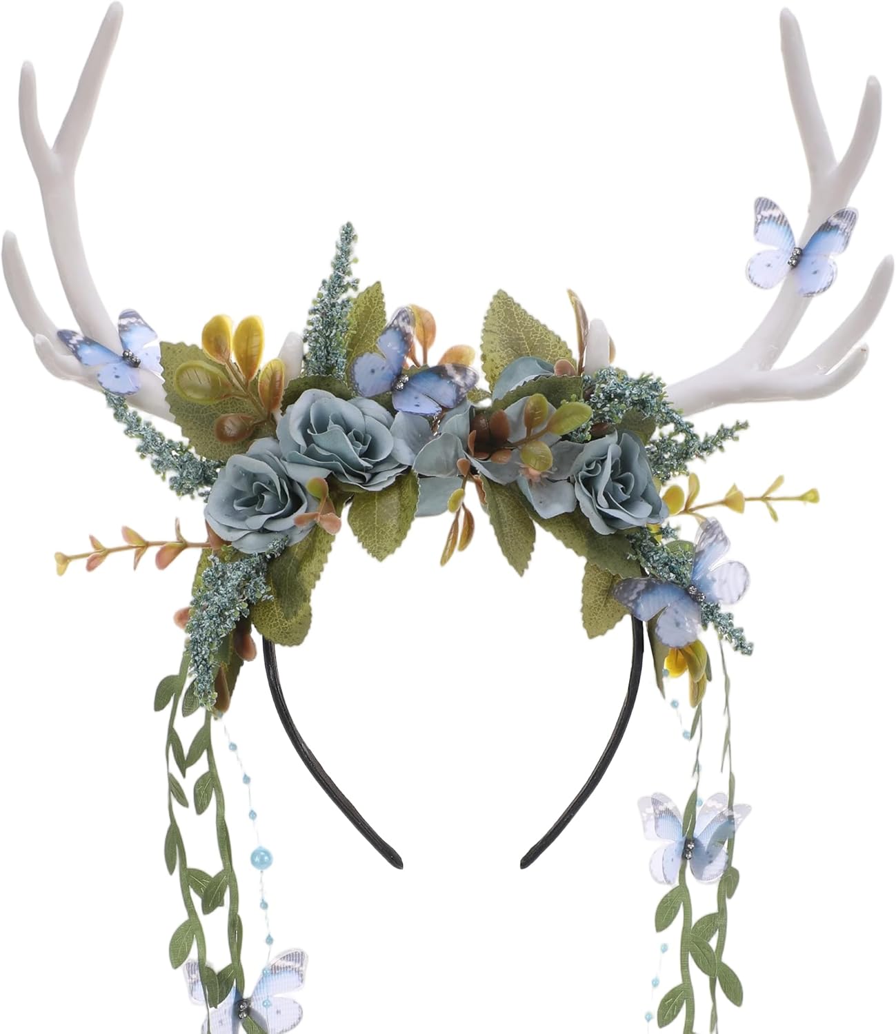 MOSTORY Woodland Butterfly Antler Headband - Fairy Flower Deer Antlers Headband with Vines for Renaissance Renfaire Cosplay