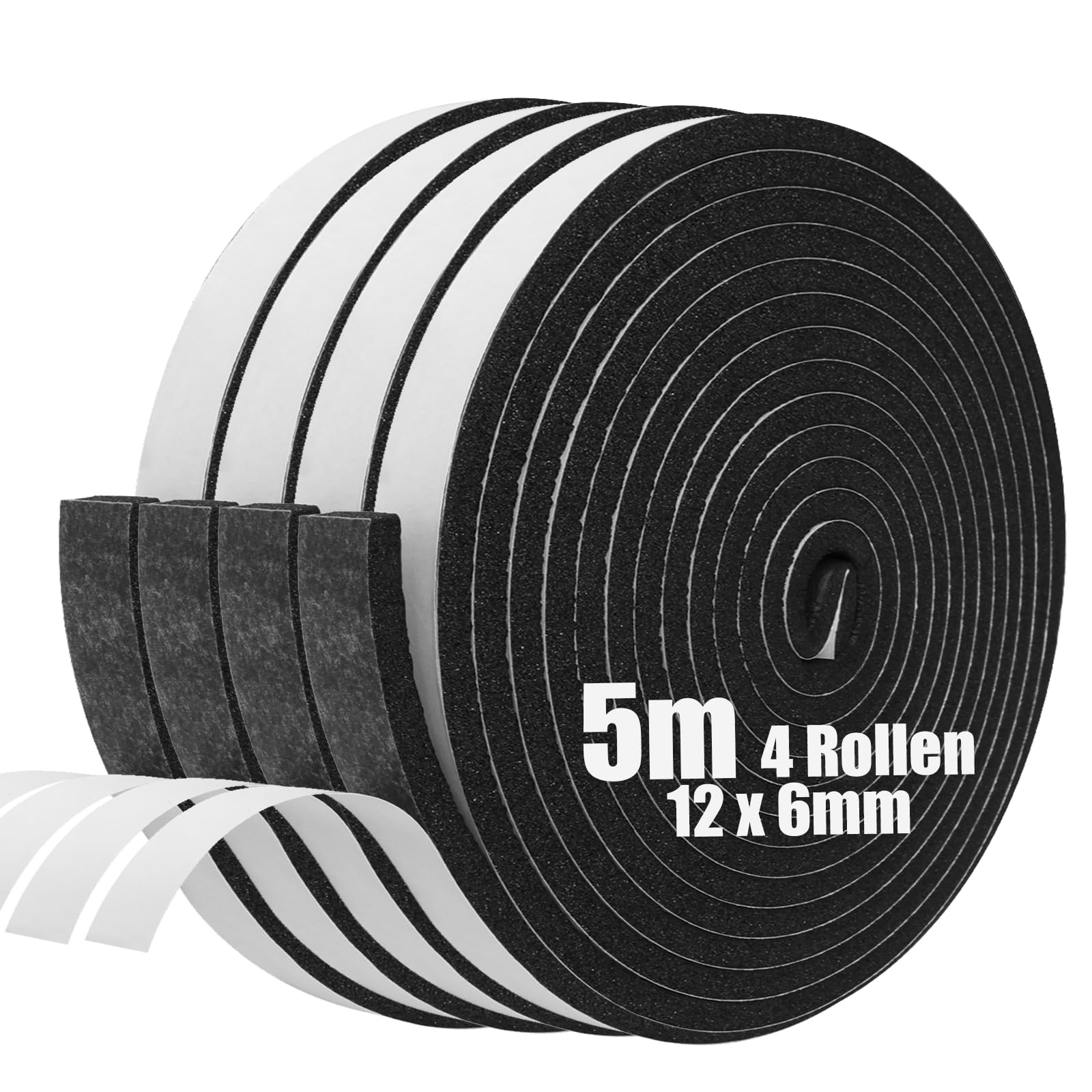 SDLDEER Moosgummi Selbstklebend Dichtungsband Selbstklebend Schaumstoff Klebeband für Fenster Türdichtungen Siegel Anti-Kollision Schalldämmung (12mm(B) x6mm(D) x5m(L),4 Rollen)