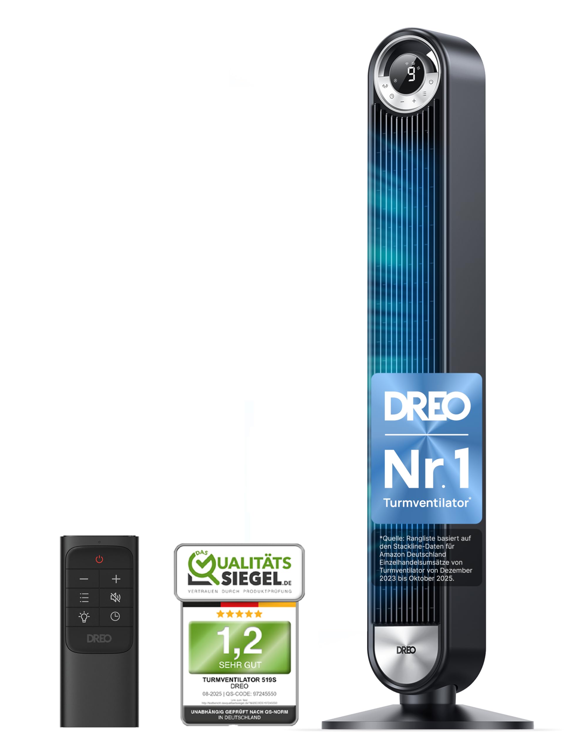 DREO Turmventilator für Schlafzimmer, DC Standventilator mit 9 Geschwindigkeiten, 25 dB Ultraleise, 90° Oszillation, bis zu 8,5 m/s Luftstrom, 12 Std. Timer, Rotorloser Ventilator für Zuhause & Büro