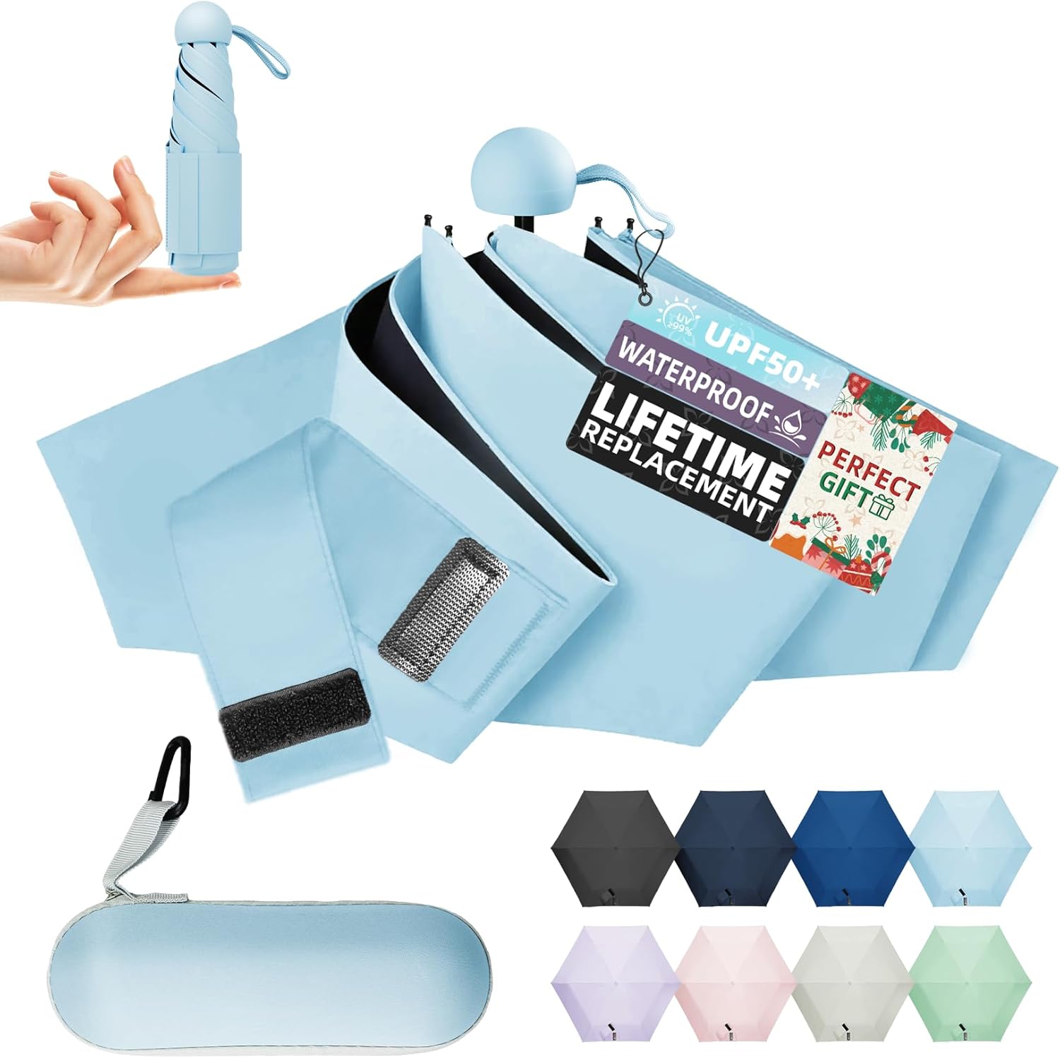 Travel Mini Umbrella Compact Small & Lightweight, UV Rain Protection, Pocket-Sized Folding Umbrellas with Quickdraw & Case for Men Women & Kids Backpack