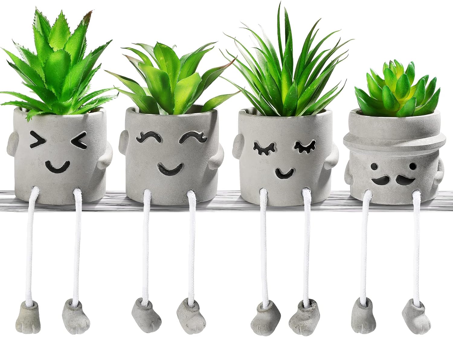 INFTYLE Creative Artificial Succulent Plants with Pots - 4 Pieces Mini Fake Plant Faux Succulent Emotional Cement Potted for Home Desk Shelf Kitchen Bathroom and Offices Decor Gift Set(4 PCS)