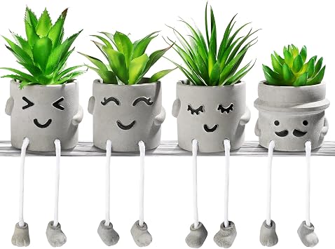 Creative Artificial Succulent Plants with Pots - 4 Pieces Mini Fake Plant Faux Succulent Emotional Cement Potted for Home Desk Shelf Kitchen Bathroom and Offices Decor Gift Set4 PCS