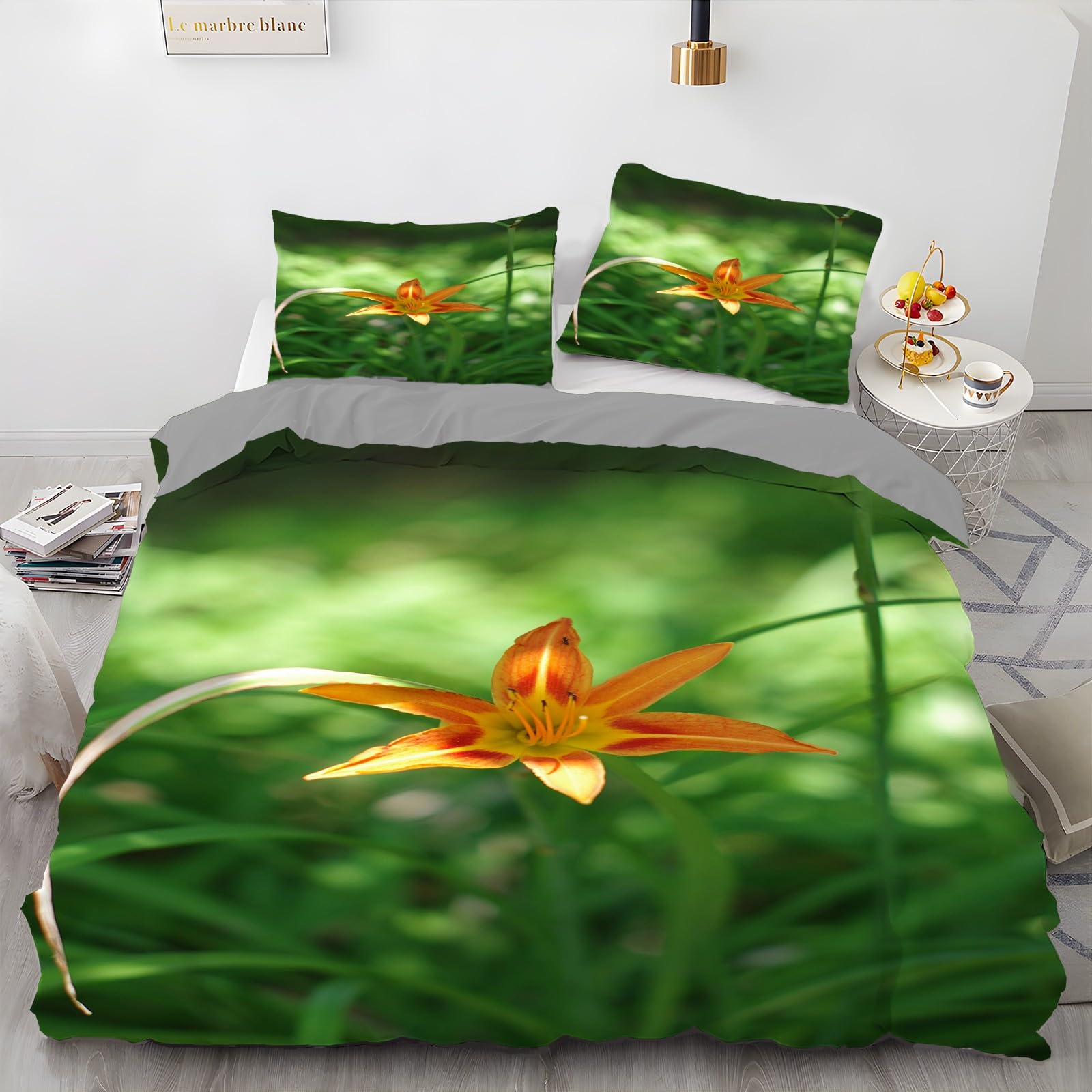 Poszwa na kołdrę 240x260 Liliowiec Zestaw pościeli z mikrofibry, 2 osoby i 2 x poszewki na poduszki 65x65 cm Komplet pościeli z zamknięciem bujnej zielonej trawy