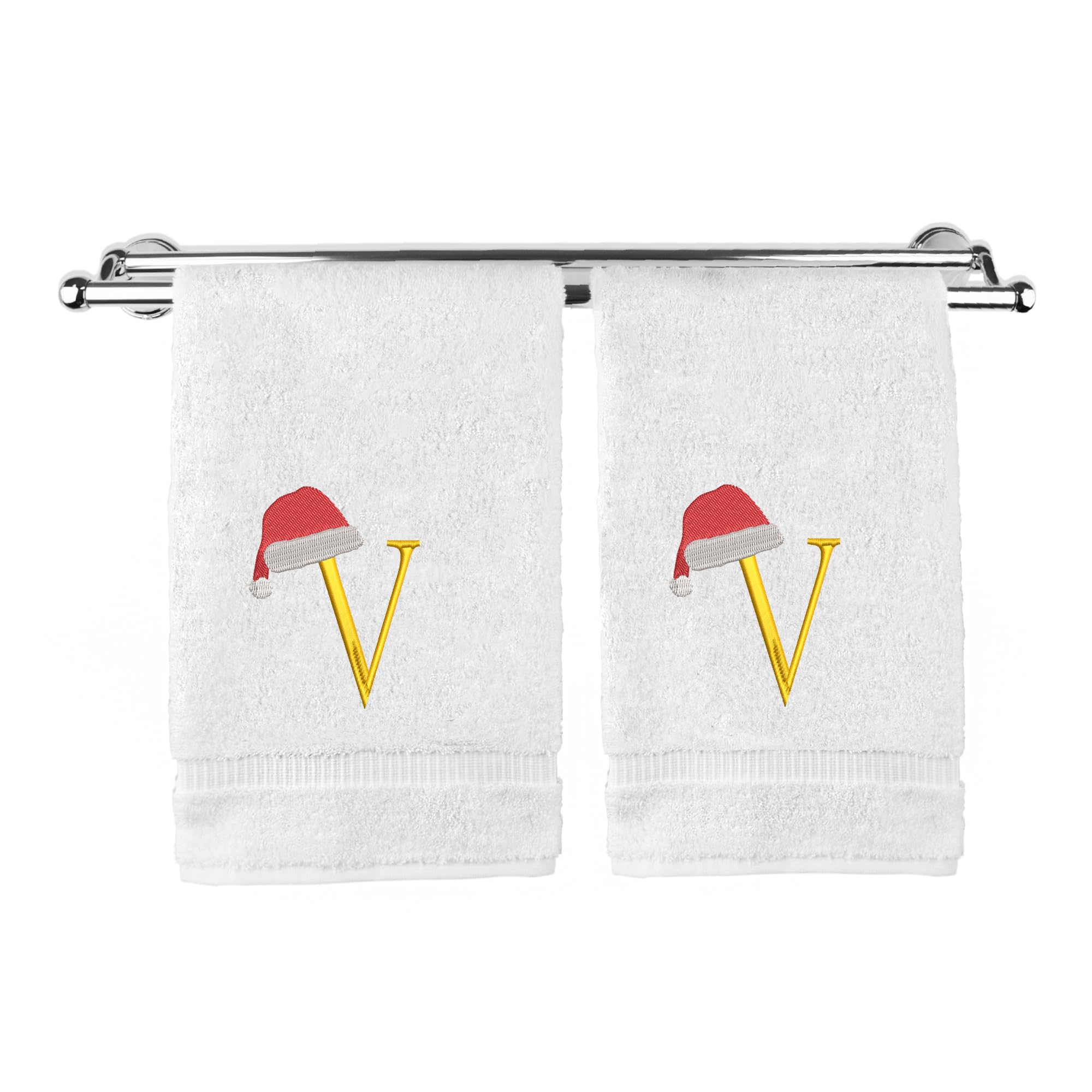 Set of 2 Luxurious Christmas Hand Towels – Soft, Absorbent 100% Turkish Cotton with Embroidered 'V' Initial – Festive Holiday Decor for Bathroom &