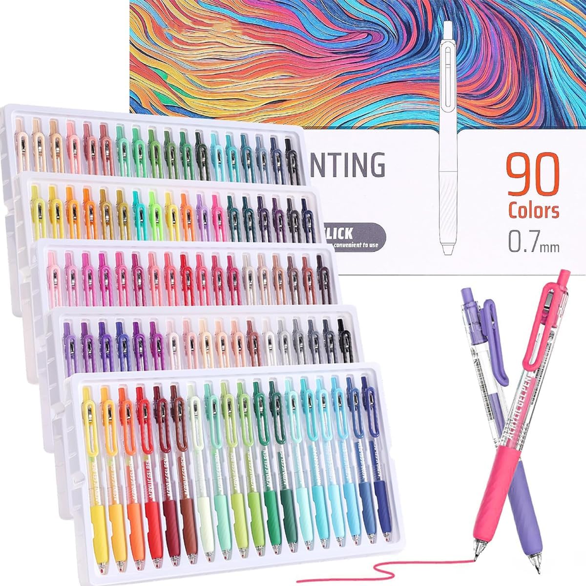90 Colors Acrylic Gel Pens for Adult Coloring Books, 0.7mm Fine Tip Pens Marker with Press Design, Quick Dry Gel Pen for Paper, Canvas, Rock, Glass, Wood