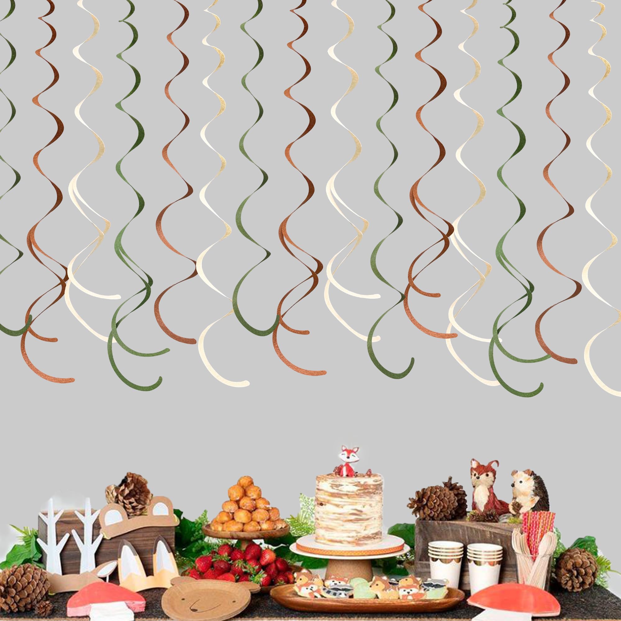 36 piezas de decoración de remolinos colgantes de selva, verde salvia, marrón, beige, guirnalda de techo en espiral para safari, selva, bosque, salvaje, un cumpleaños, neutro, baby shower, suministros