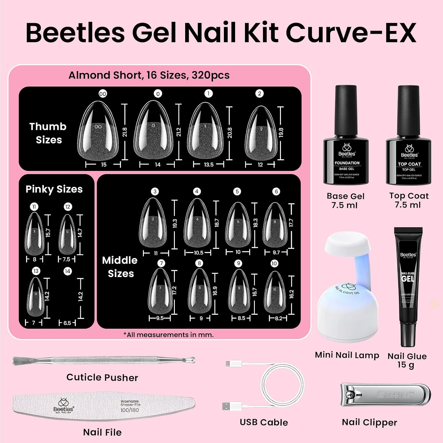 Beetles Gel Nail Kit Curve-EX, Almond Short, 320pcs 16 Sizes Nail Tips, with 15g Nail Glue Gel Hands-Free, 7.5ml Base Gel & Top Coat, Mini Lamp, for Acrylic Press On Nail, Extension DIY Set at Home