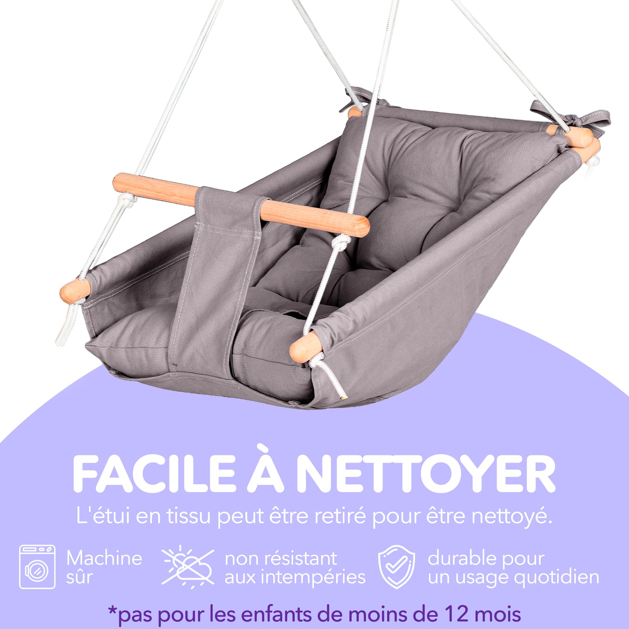 Balançoire pour bébé en Toile par Cateam - Gris - Siège de balançoire Suspendu en Bois pour bébé avec Ceinture de sécurité et matériel de Montage. Cadeau d'anniversaire de Chaise bébé hamac.