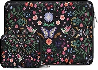 MOSISO ノートパソコンケース 13.3インチ、13-14インチ ノートPCスリーブバッグ 対応機種 MacBook Air/Pro 13/Pro 14、ネオプレン製 ハチドリ 植物 花柄 PCケース バッグ 小型ポーチ付き(ブラック)