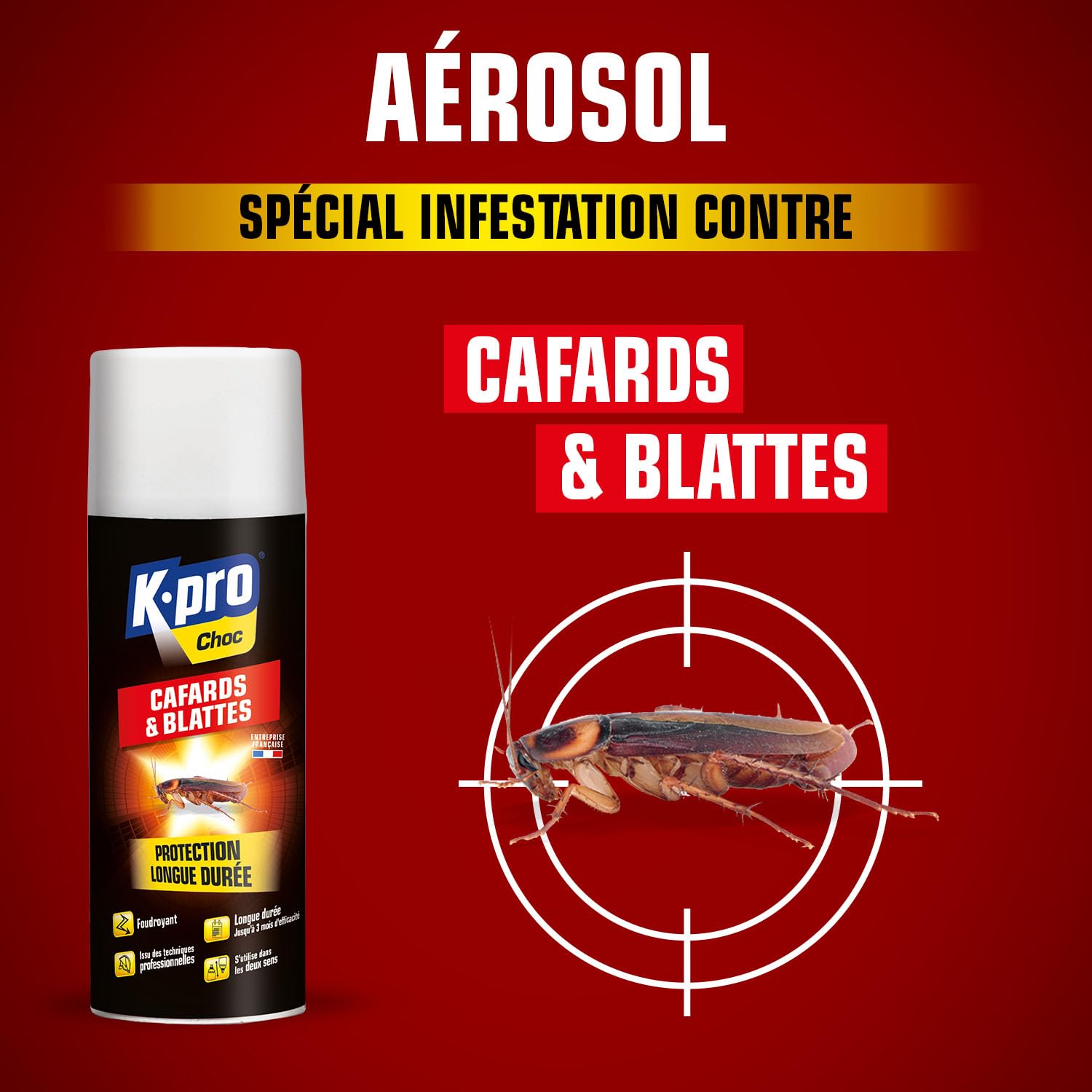 K.PRO Aérosol foudroyant cafards et blattes, 400ml, action foudroyante et immédiate, jusqu'à 3 mois de protection, utilisable tête en bas, technique professionnelle