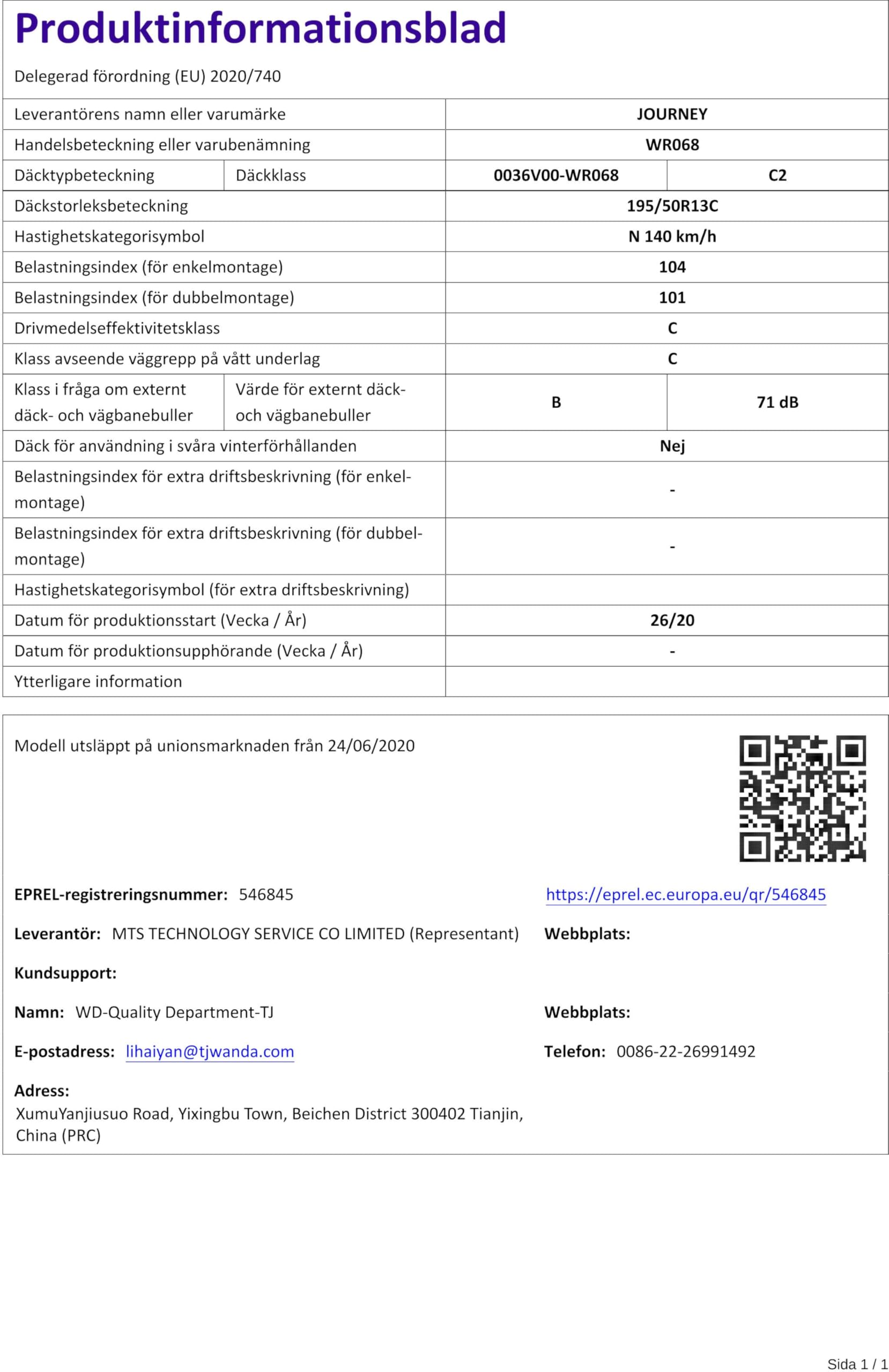 E.T. Reifen für Wohnmobil Journey WR068 195/50R13C