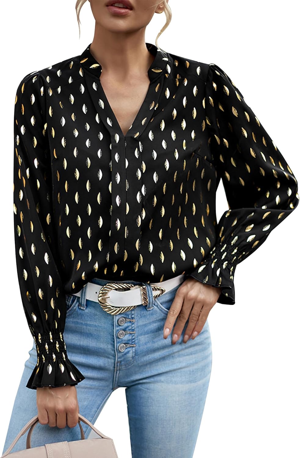 Women's Spring Fall Long Sleeve V Neck Printed Shirt Regular Fit Work Business Blouse Top