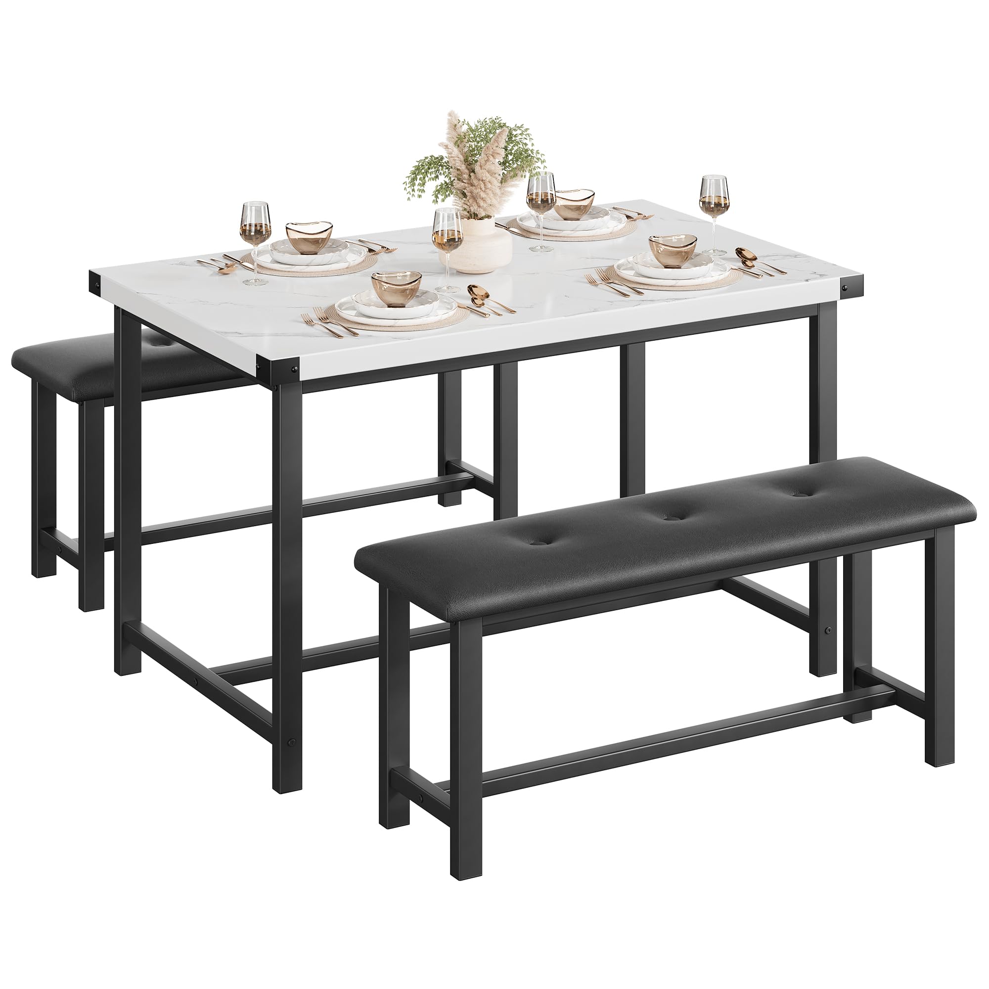 Crevyteg Modern Industrial 3-Piece Dining Table Set for 4 with 2 Upholstered Benches, Space-Saving Kitchen Table Set for Small Spaces, Easy Assembly Metal Frame Dining Room Furniture