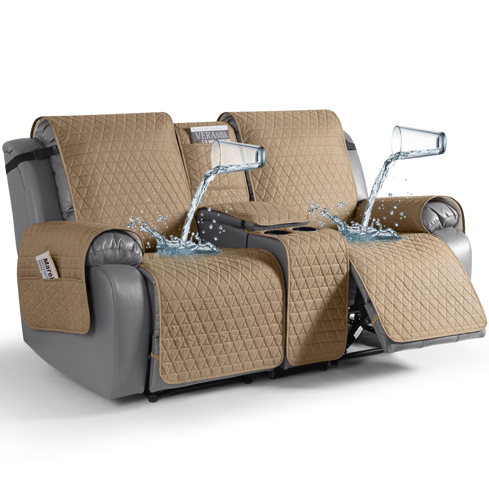 TAOCOCO 100% Waterproof Recliner Cover -Loveseat Recliner Cover with Center Console,Non-Slip Reclining Couch Covers for 2 Seat,with Elastic Straps Pocket for Kids, Dogs, Pets (Camel, 2 Seater)-image-21