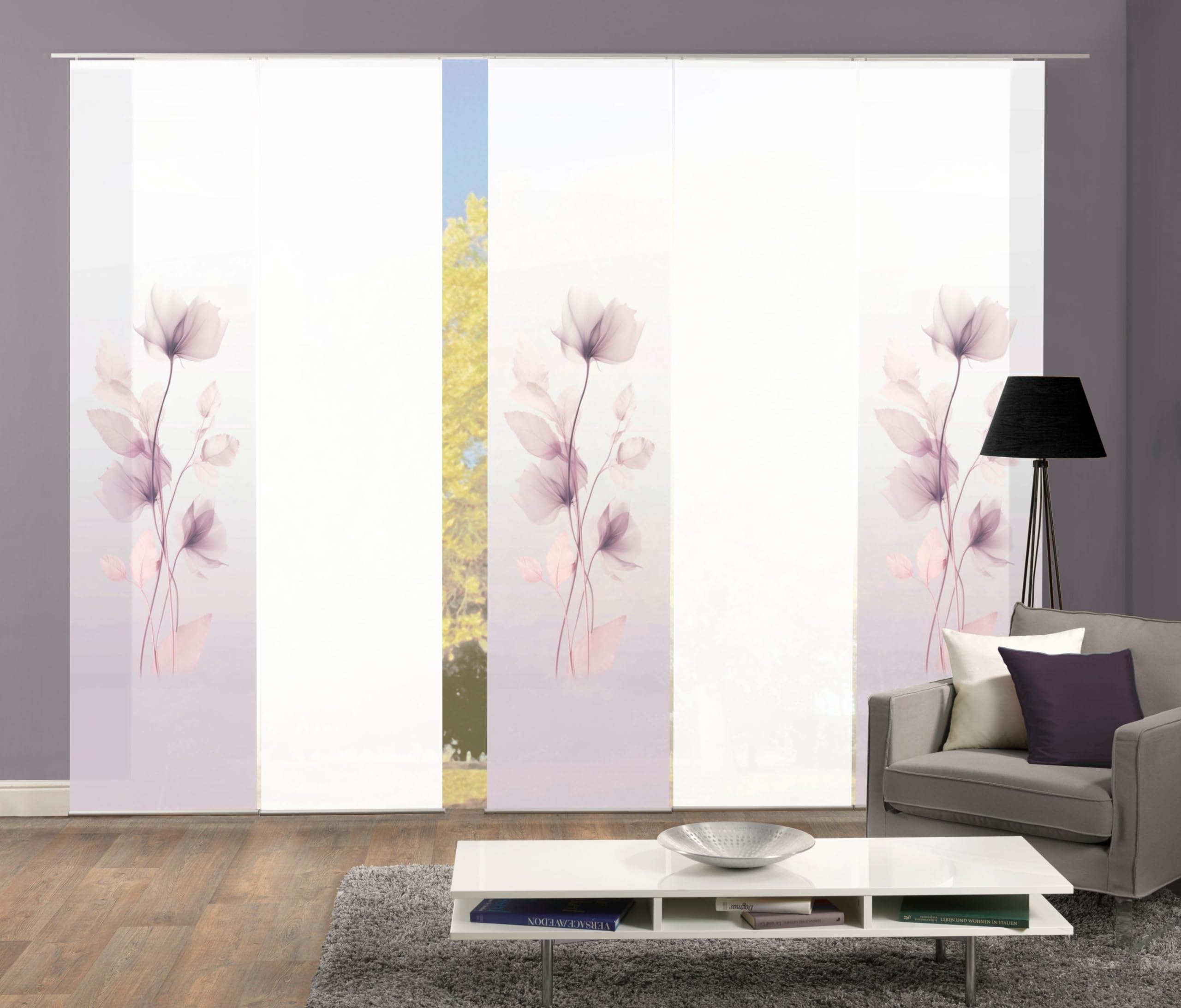 Schiebegardine BEREKUA, Seidenoptik, 245x60 cm, Blumendruck, + Zubehör, Farbe:Flieder, Größe:245 x 60 cm, Anzahl:5er Set (3X, 2X)