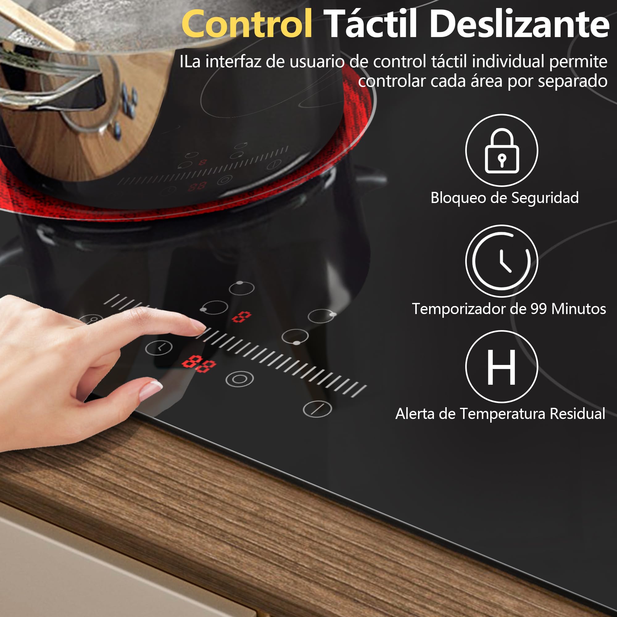 Karinear Placa vitroceramica 4 Fuegos 60cm, Área ampliable | Control Deslizante, Bloqueo de Seguridad, Temporizador de 99 minutos，Indicador de calor residual