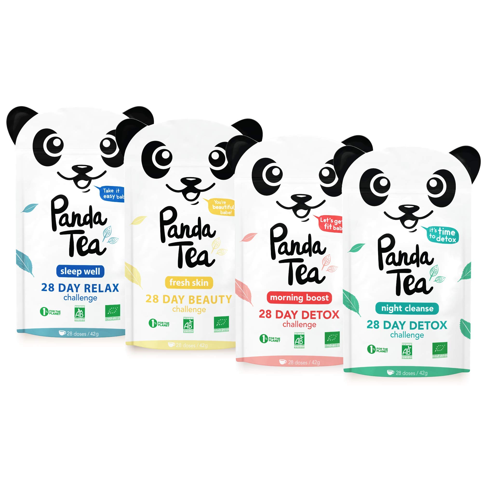 Panda Tea – Té Certificado bio- caja de 4 mezclas (112 bolsas) – reto detox, relajación, belleza, Biológico