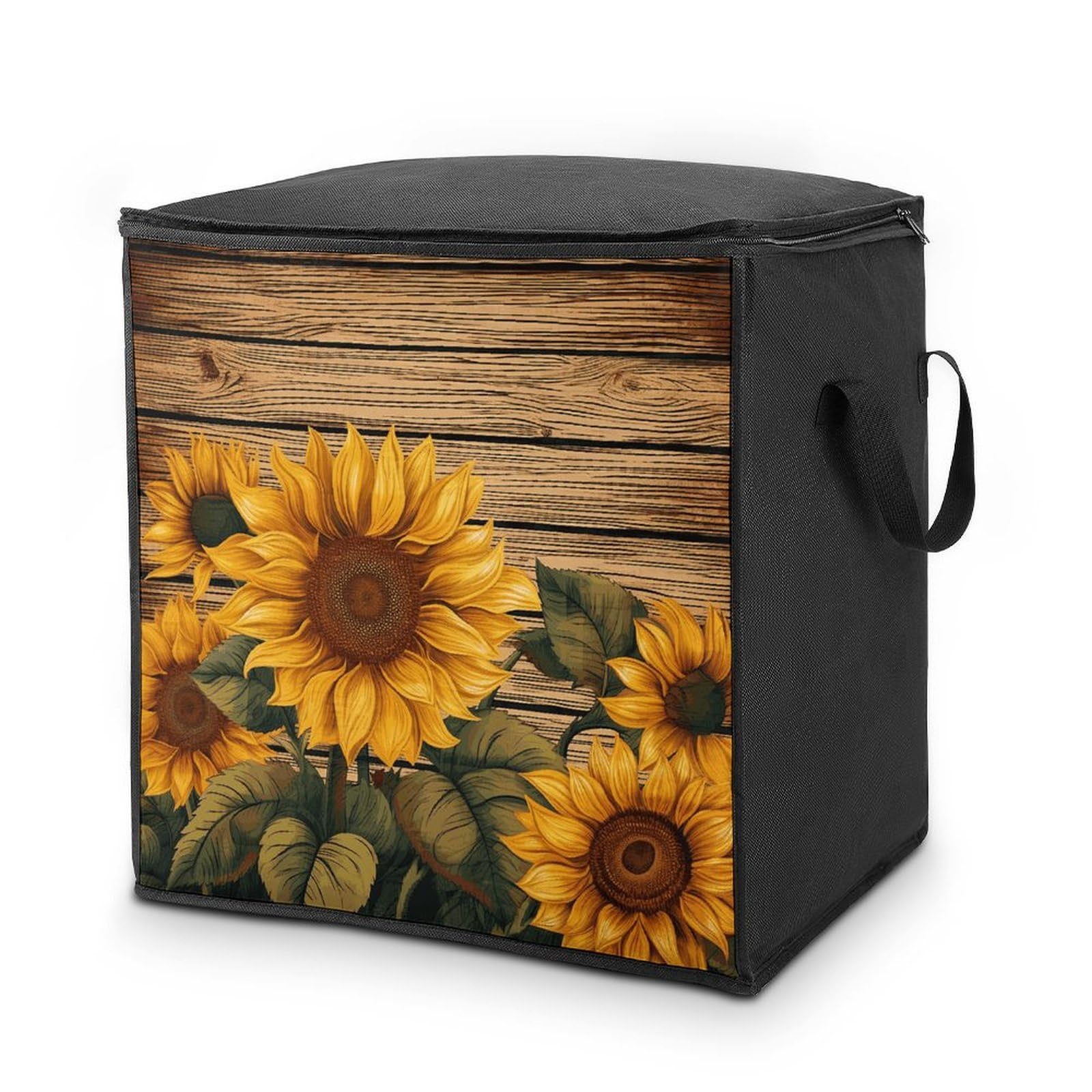 Paint Wooden Board Sunflower Storage Bag with Zippers And Handle Extra Large Bedding Comforter Storage Bag Foldable Blanket Storage Bags Fabric Moving Bags for Closet Organizer (70L)