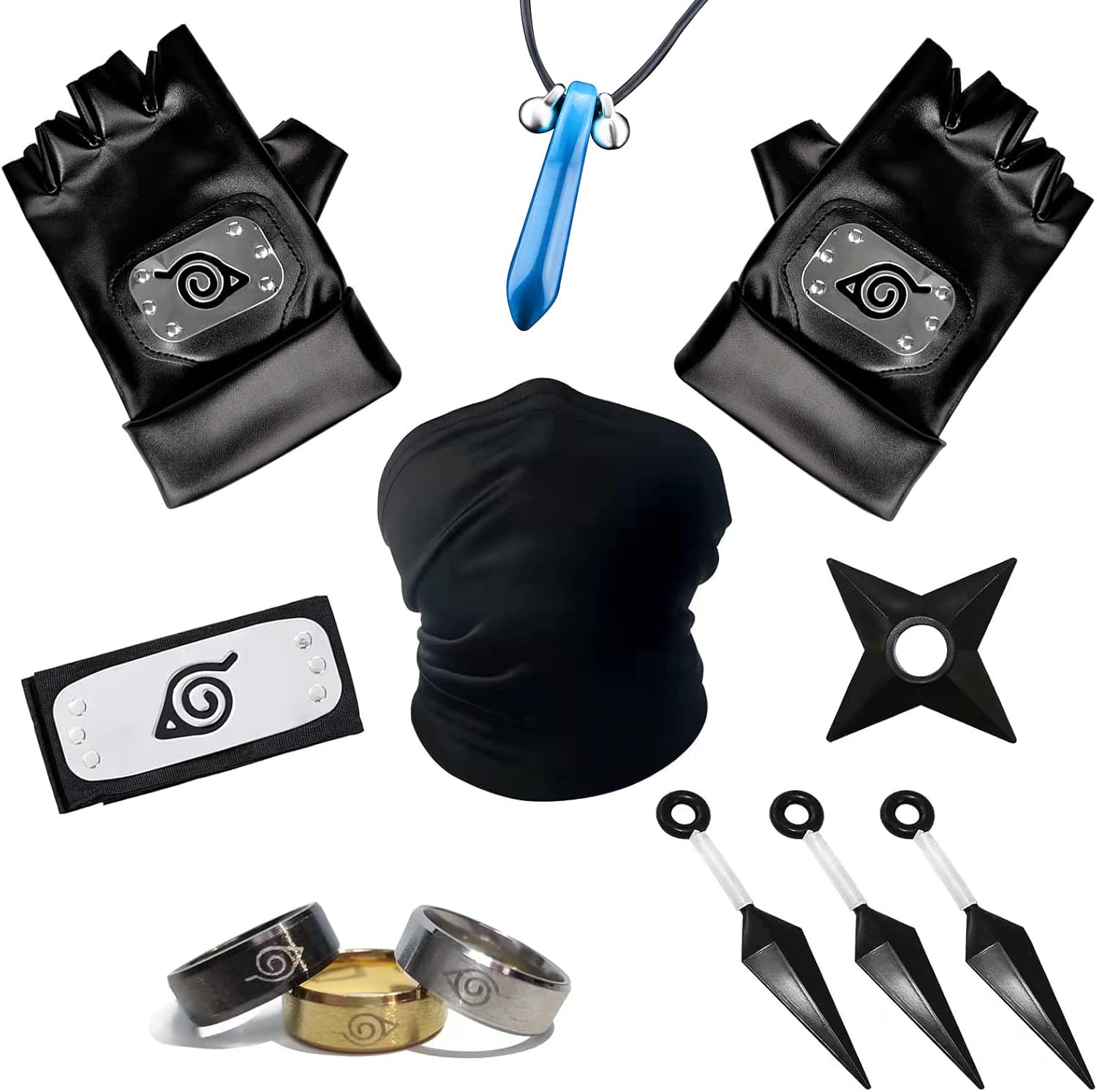 Naruto Cosplay Set, Naruto Headband Set Includes 1 Naruto Headband, 1 Mask, 1 Gloves, 3 Kunai, 1