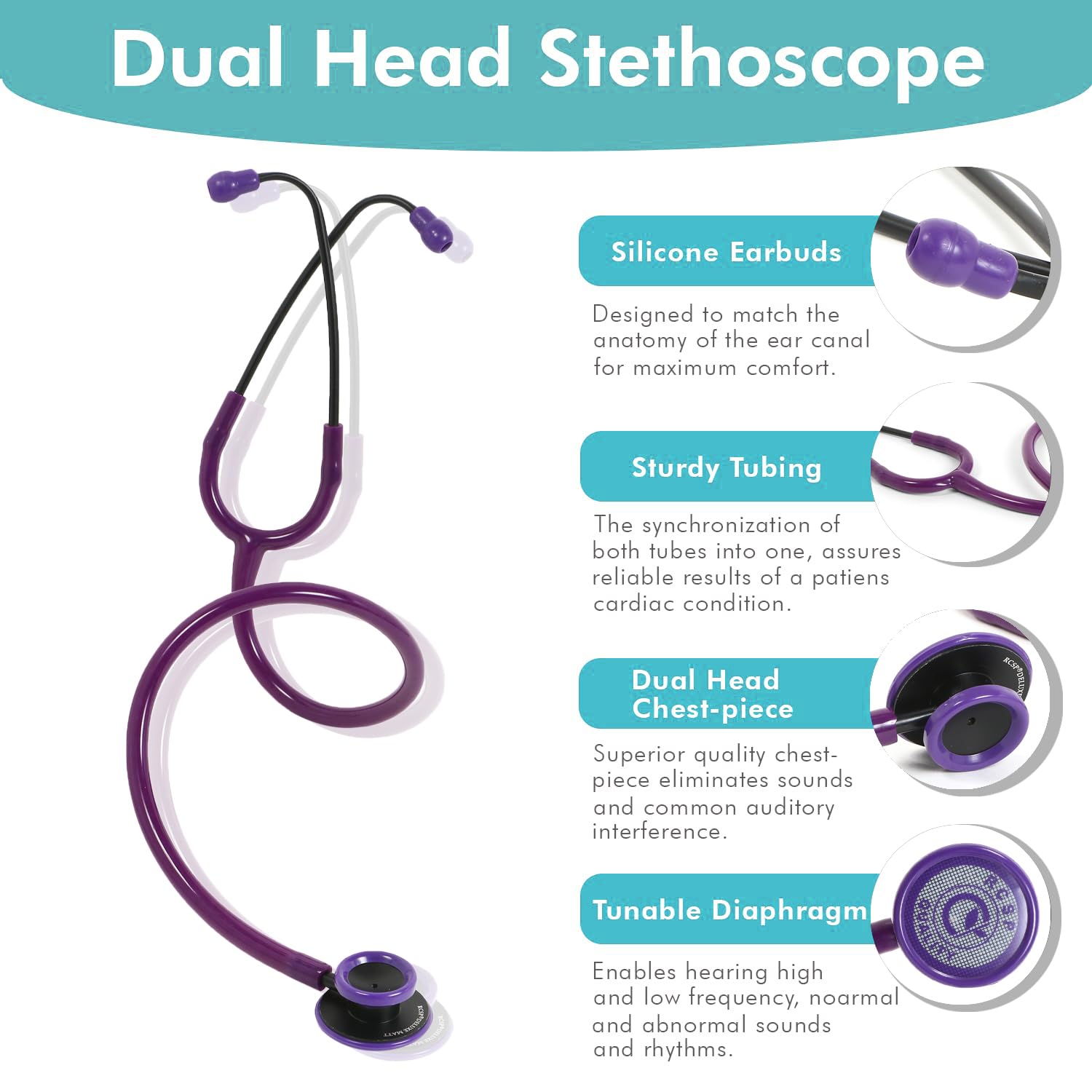 RCSP Micro Stethoscope for Doctors and Medical Student, Adult | Lightweight Chest Piece with Flexible Single Head, Purple | Aluminum 4