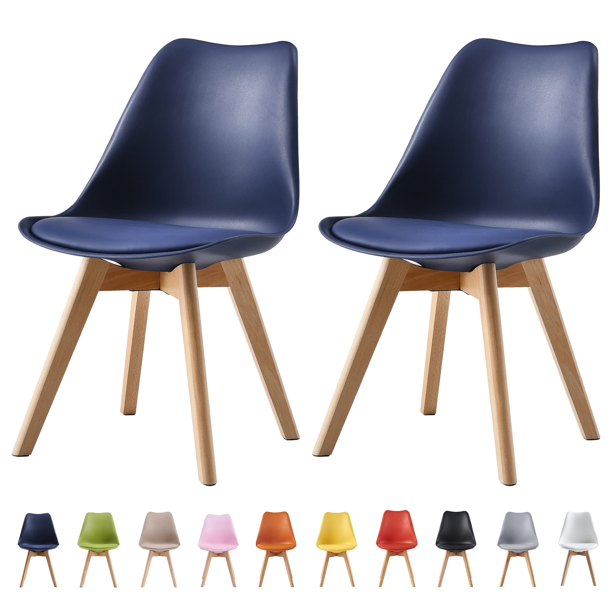 mcc direct Set of 2 Dining Chairs Wooden Legs Soft Cushion Pad Stylish DELUXE Retro Lounge Dining Office EVA (Blue)