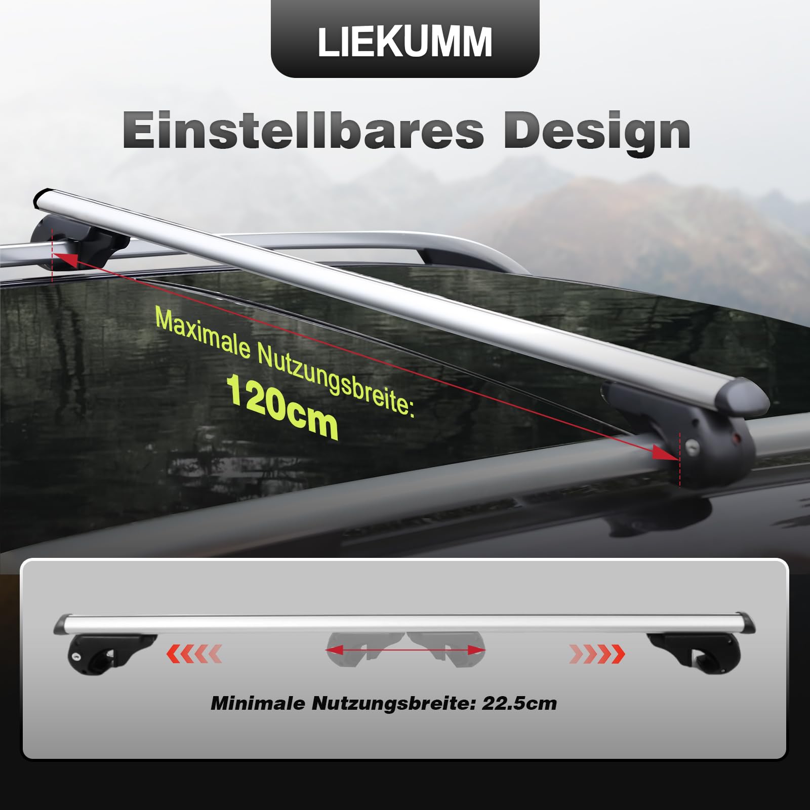 LIEKUMM Dachträger Universal 135cm, 2er-Pack Dachträger Geschlossene Reling, bis 120 cm Breit Nutzbar Aluminium Relingträger für offene Dachrelinge, Vormontiert, Inklusive Schloss