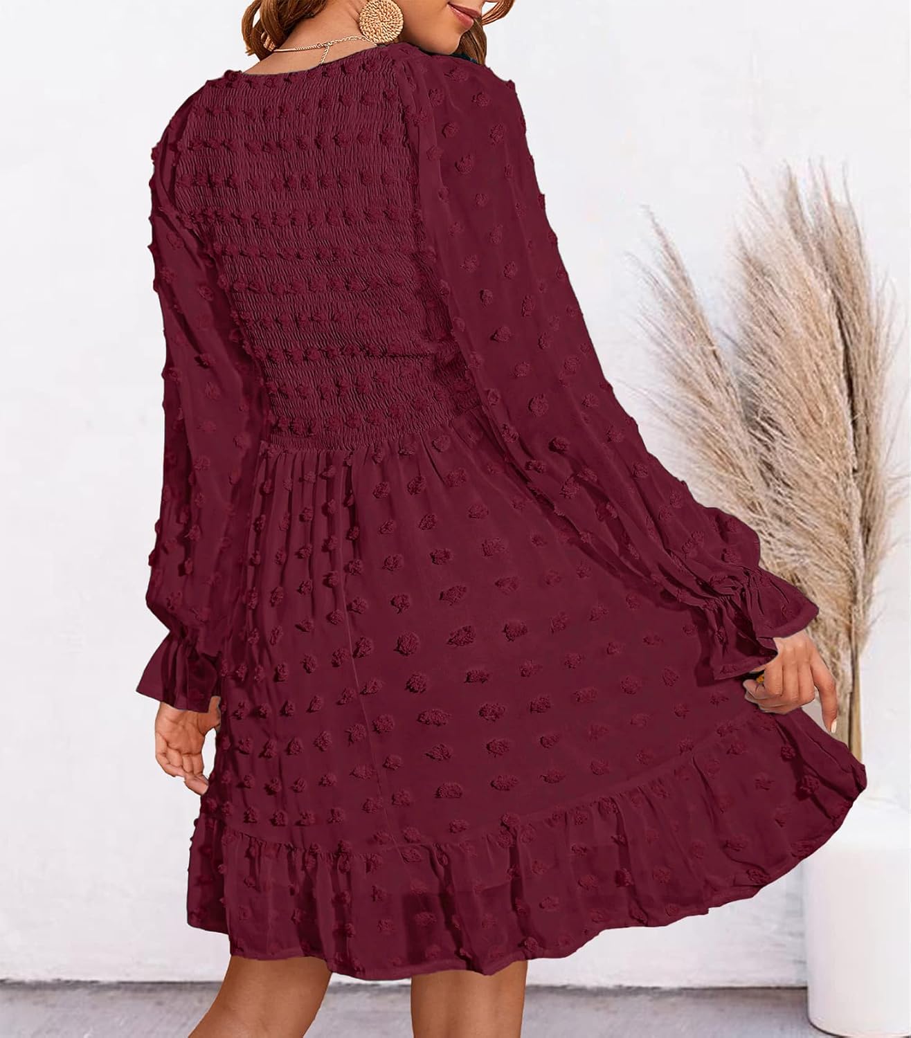 BTFBM Spring Dresses for Women 2026 Long Sleeve Casual V Neck Swiss Dot Smocked Ruffle Chiffon Flowy Mini Summer Dress - Image 4