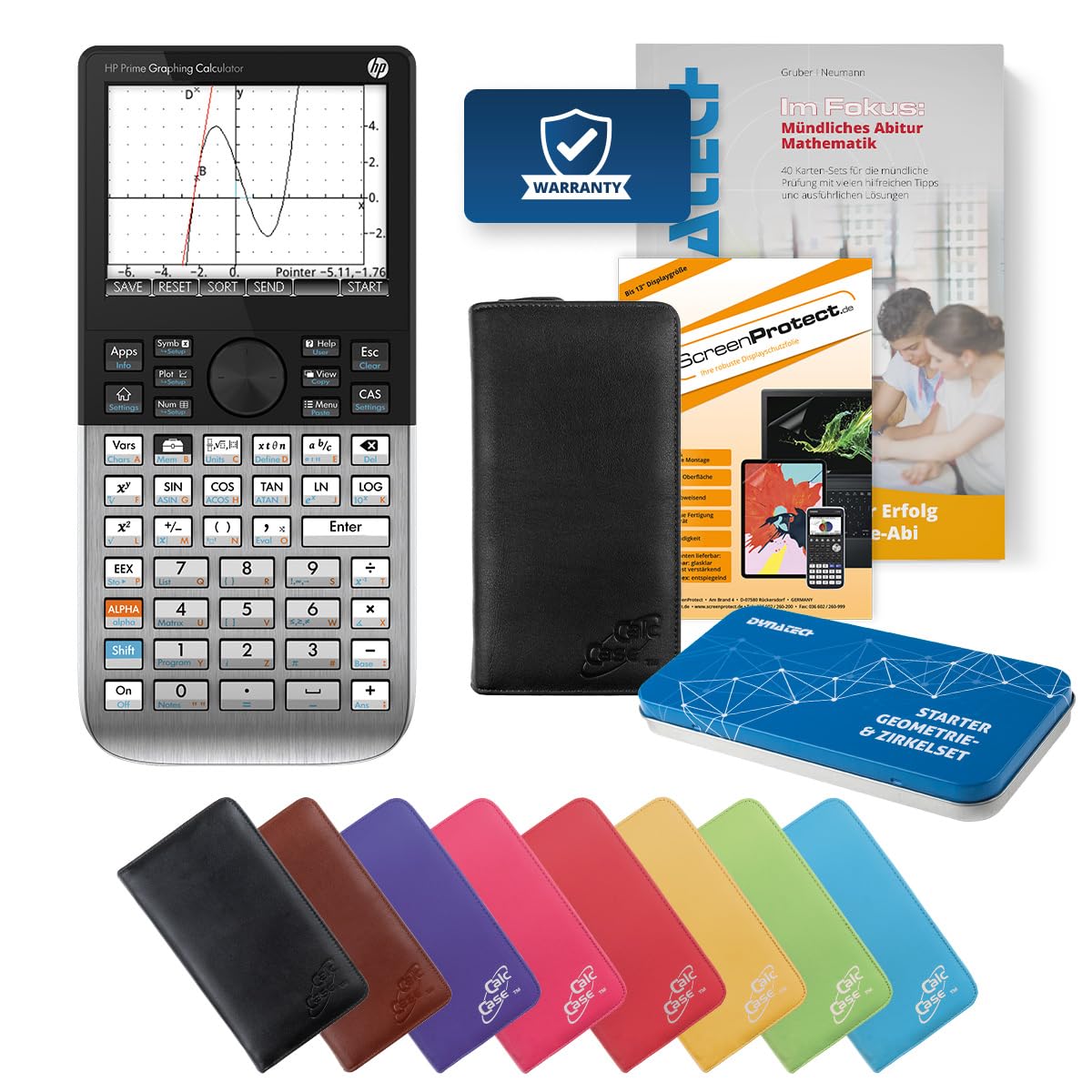 HP Prime CAS Grafikrechner Taschenrechner – leistungsstarker CAS Taschenrechner mit Touchdisplay für Schule & Studium, inkl. Abitur Buch, Schutzfolie, Geometrie-Set & Schutztasche (Nappaleder Schwarz)