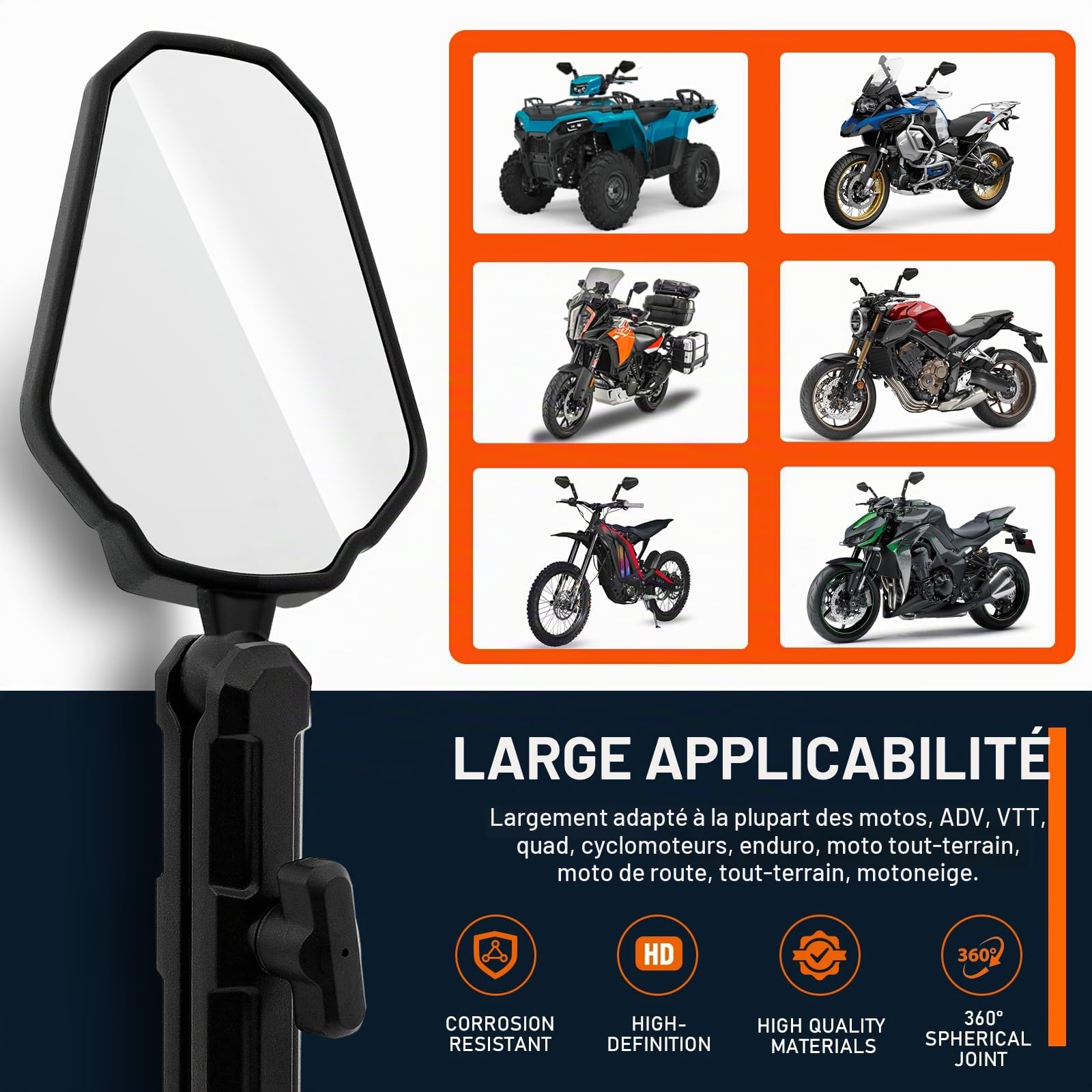 DREAMIZER Rétroviseur moto Adventure, E24 Homologués 8mm 10mm Rétroviseurs latéraux moto, Rétroviseur de guidon 22mm 7/8" Compatible avec RZR YFZ 390 790 890 adv ATV Quad Enduro Dirt Bike Snowmobile