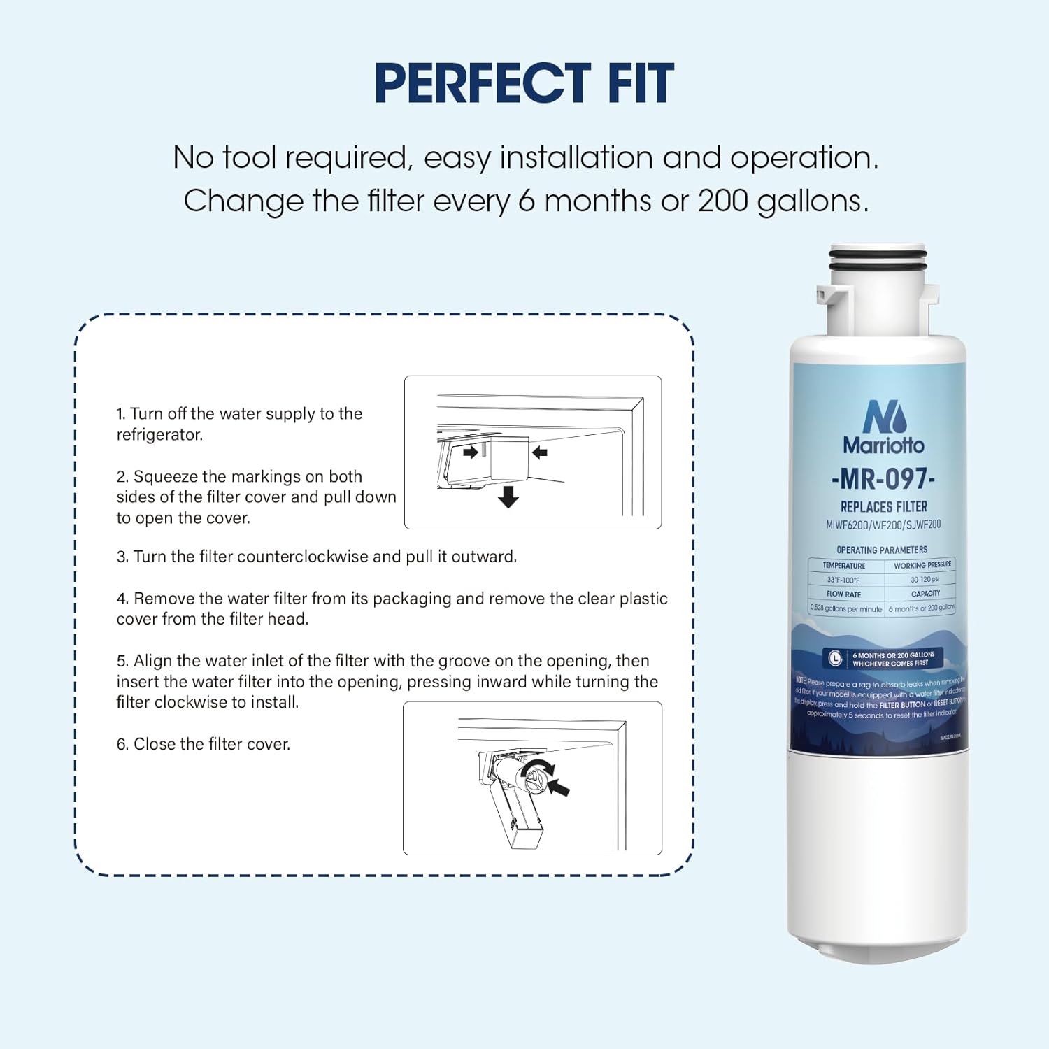 MARRIOTTO MIWF6200 Water Filter Replacement,Compatible with Midea French Door and Side-by-side Refrigerators,Sharp SJWF200,SJG2254FS (2 Pack)