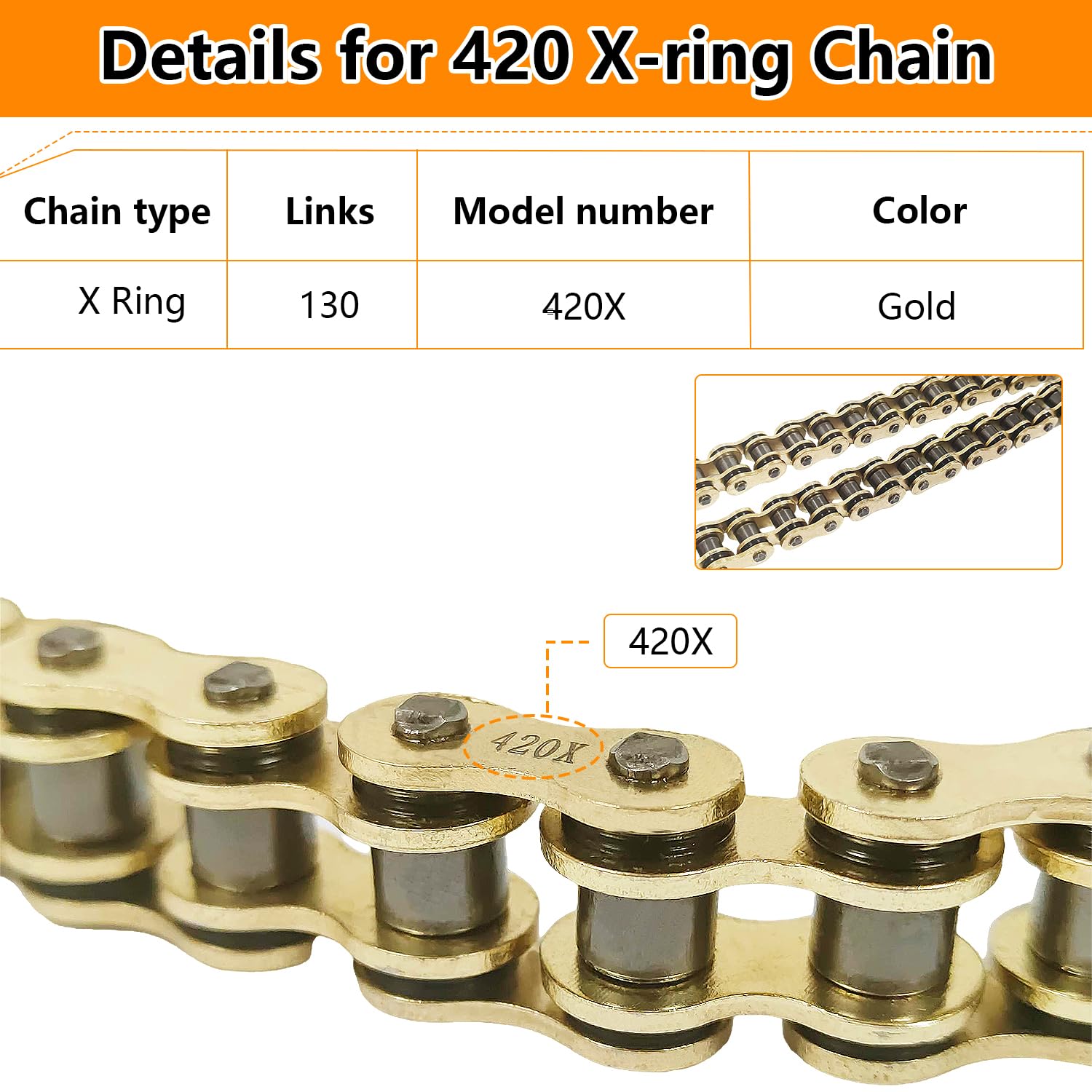 420 X-Ring Chain 130 Links with Connecting Master Link for Go-Kart ATV/UTV Golf Carts Snowmobiles Small Lawn Mowers Off-Road