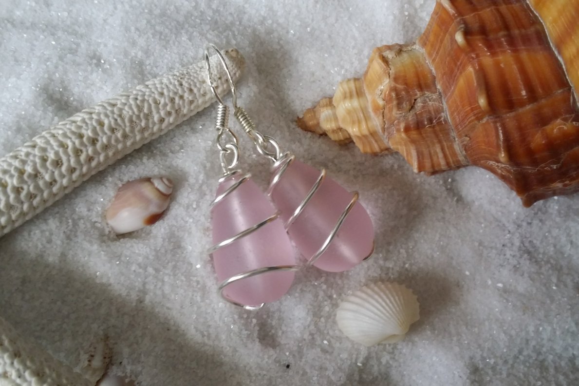 Handmade in Hawaii, wire wrapped"October Birthstone Color" pink sea glass earrings, (Hawaii Gift Wrapped, Customizable Gift Message)
