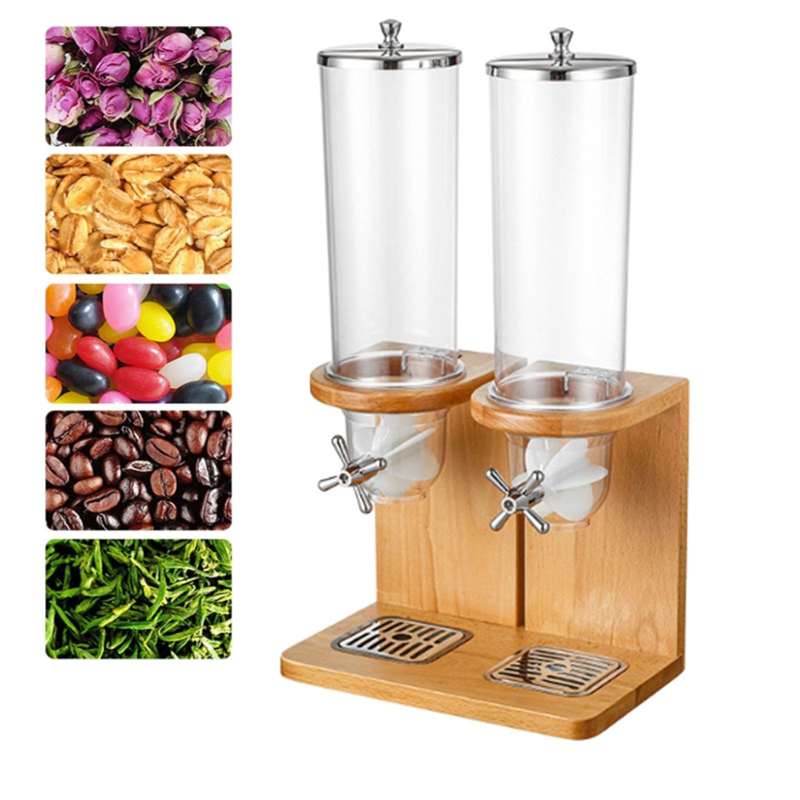 Dispenser per cereali in bambù, 3,5 l/7 l/10,5 l, contenitore per cereali da appoggio, con barile in PC e base in legno, dispenser per alimenti secchi, per riso, fagioli, noci