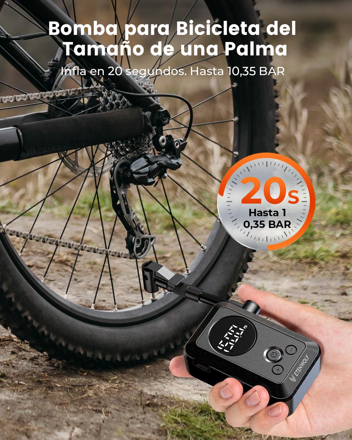 ETENWOLF Mini Bomba de Aire Bicicleta - 10,35 Bar Inflador Bicicletas | para Bicicletas, Coches, Motocicletas - Inflado Rápido y Parada Automática