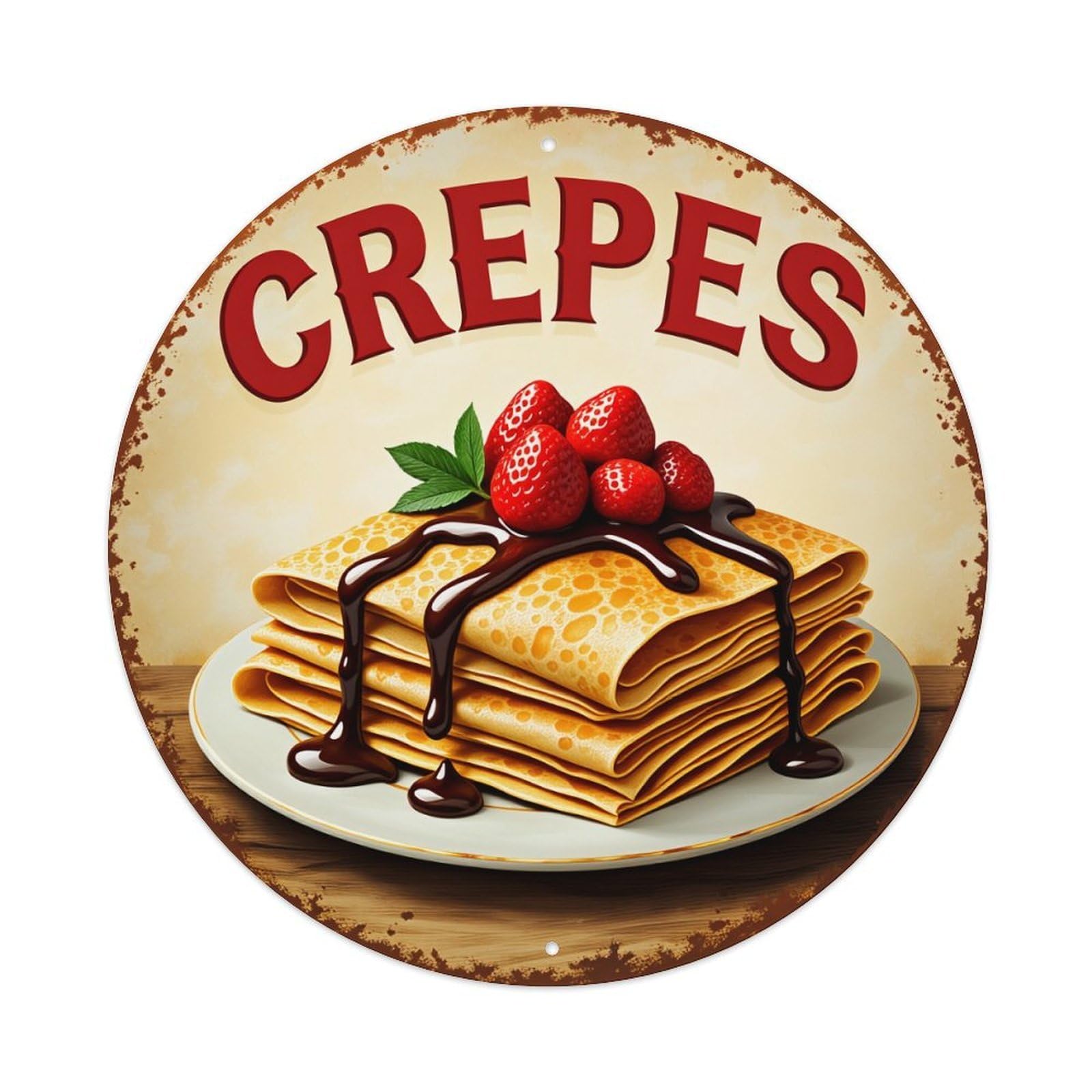 Crepes With Strawberries And Chocolate Round Tin Sign Vintage Style Metal Sign Home Bar Garden Wall Plaque Decor Metal Poster 8x8 Inch