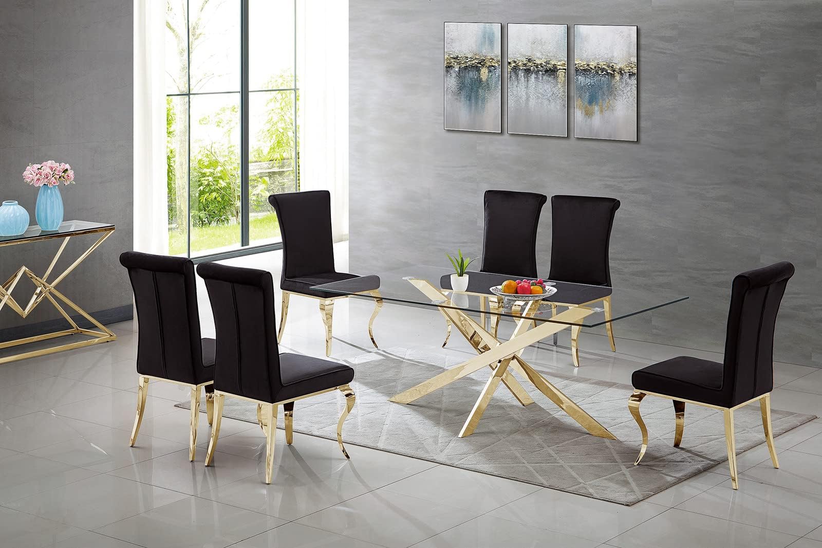 79" Large Dining Table, Glass Kitchen Table for 8-10 Person, Modern Dining Room Table with 0.39" Thick Tempered Glass Top and Golden Stainless Steel Pedestal Base, Big Dining Room Table for Home