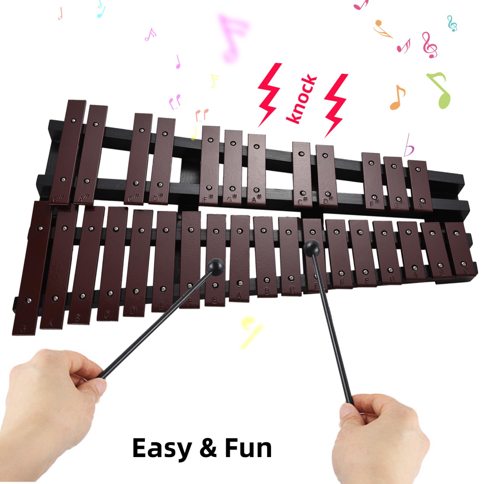 POENVFPO Glockenspiel Premium de 30 Notas con Marco de Madera, Llaves de Aluminio, Bolsa de Transporte y Mazos, Gama G5-C8, Xilófono Portátil para Estudiantes e Intérpretes (Café)