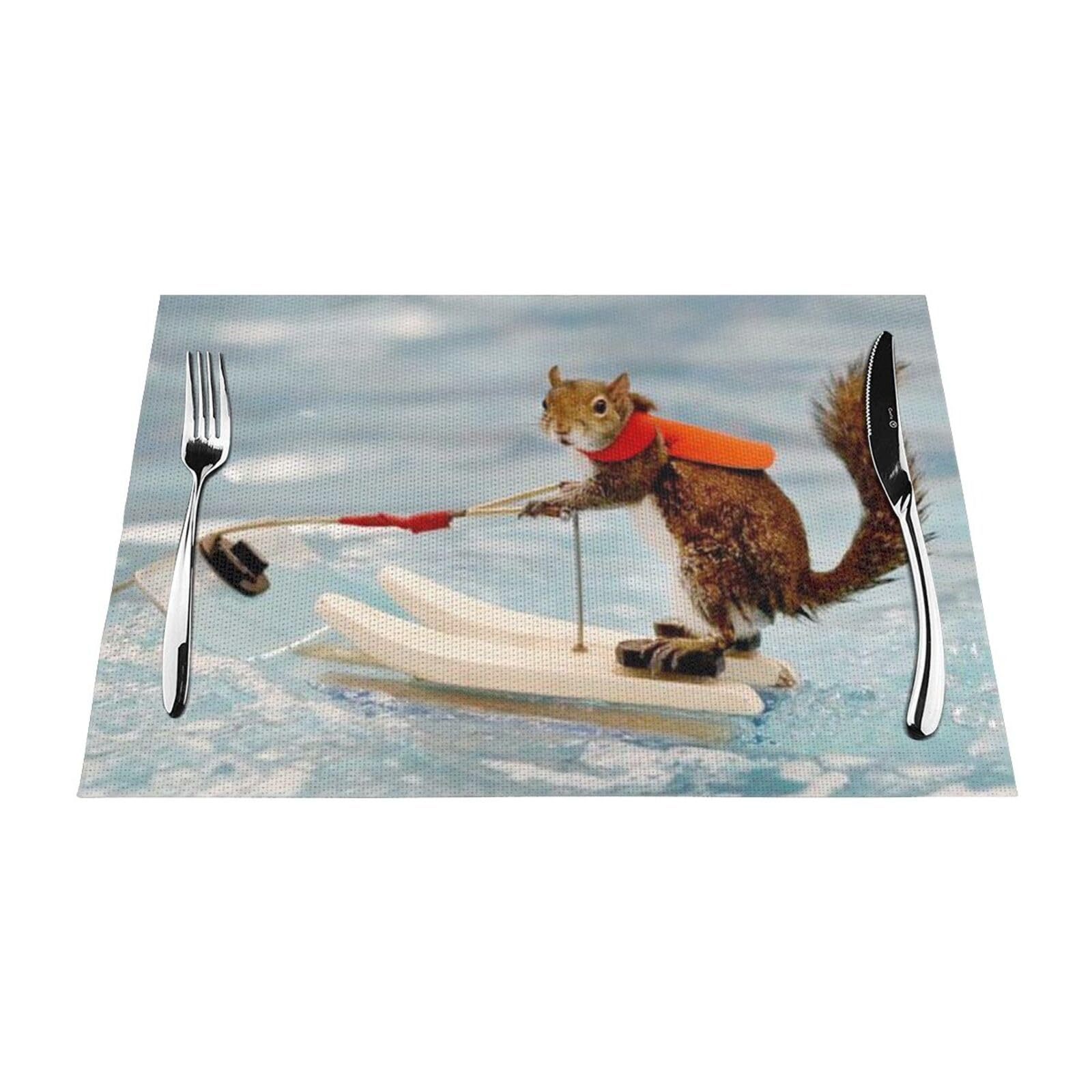 PVC Placemat Set of 6 PCS, 45x30 CM, Water Skiing fox Squirrel Printed Non-Slip Heat Resistant Place Mats for Kitchen Dining Table Indoor Outdoor