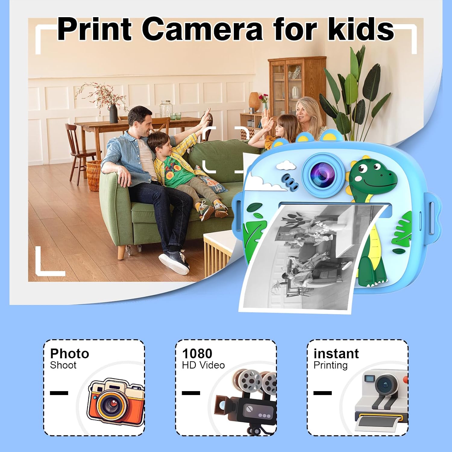 Kids Camera with Instant Print, Front & Rear Dual Cameras, Portable Travel Digital Toy, Birthday for Girls & Boys Ages 3-12 (32GB SD Card) Blue