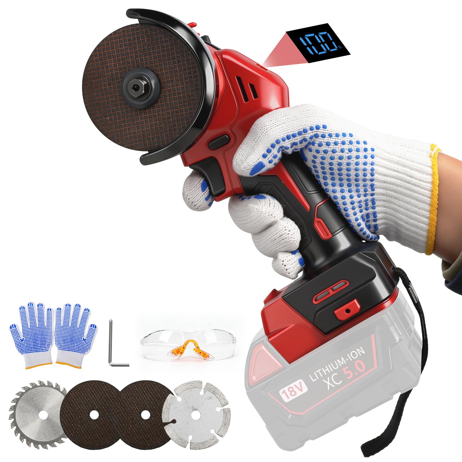 3 Inch Angle Grinder with Battery Compatible with Milwaukee 18V (No Battery), 16,800 RPM Brushless Mini Angle Grinder with Digital Display, 2 Sanding Discs, 2 Cutting Discs