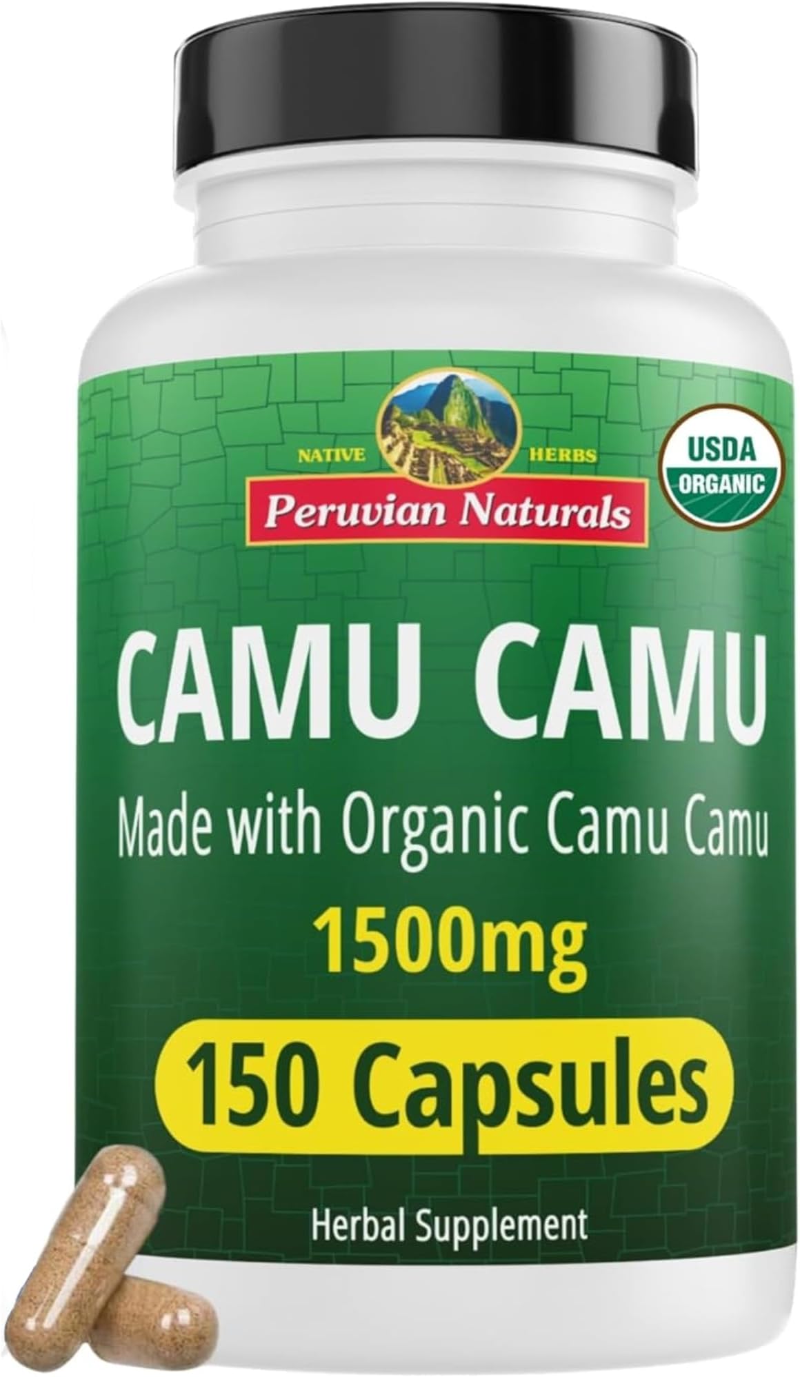 Peruvian Naturals Organic Vitamin C from Camu Camu Capsules 1,500mg - 150 Vegan Pills, Natural Vitamin C from Whole Food Camu Berry Organic, Non-GMO