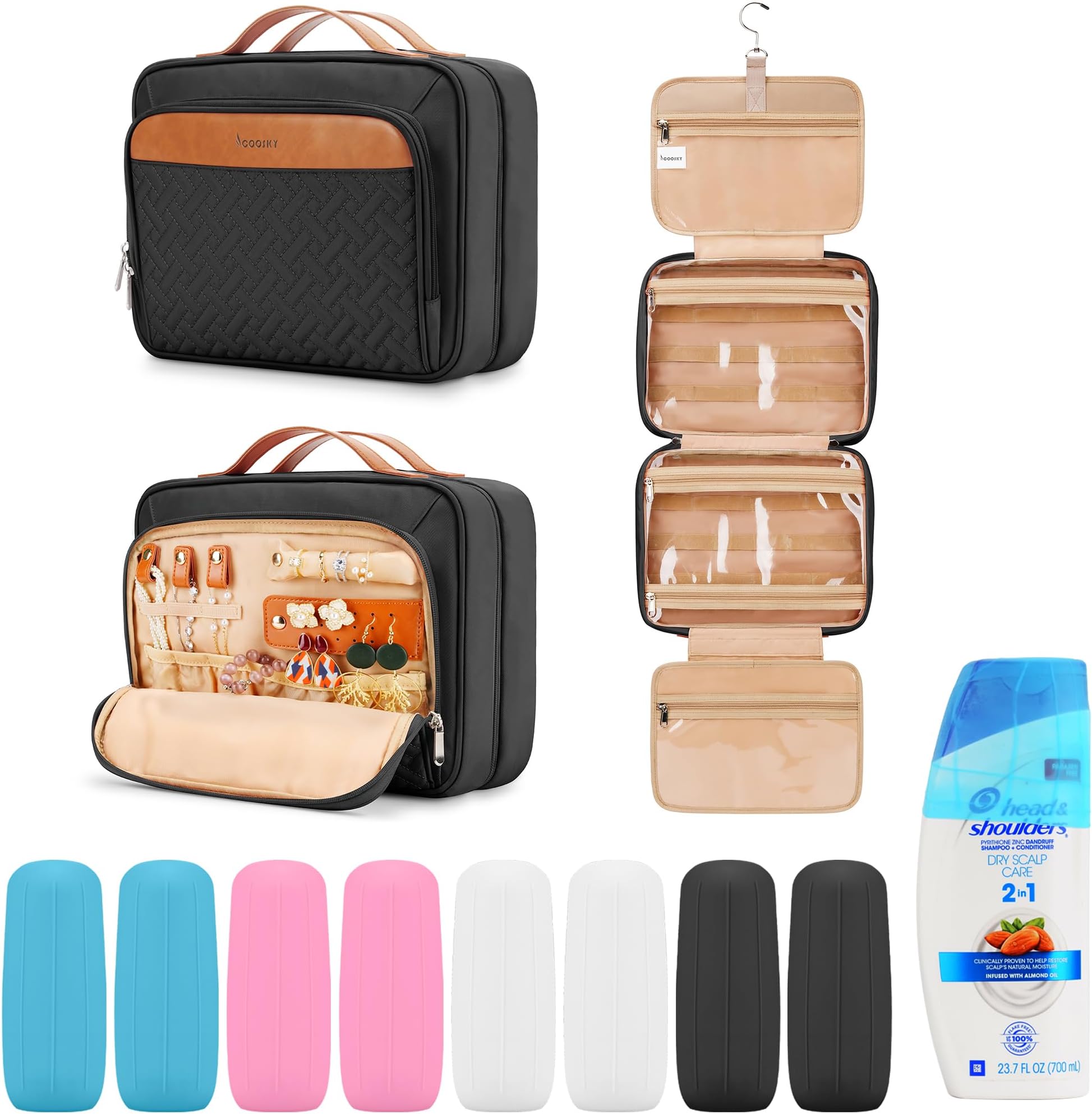 Travel Hanging Toiletry Bag for Women, Cruise Ship Essentials, with Jewelry Organizer, Medium Makeup Dopp Kit, Waterproof Cosmetic Bags, Toiletries Kit Set Accessories with Trolley Belt, Black